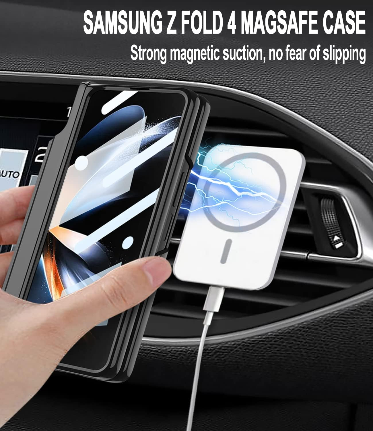 For Samsung Z Fold 4 Magsafe Case【With S Pen Fold Edition】&Card Holder,Hinges Protect the Built-In Pen Holder,With Screen Protector and Stand, Clear Black Edge Case for Galaxy Z Fold 4