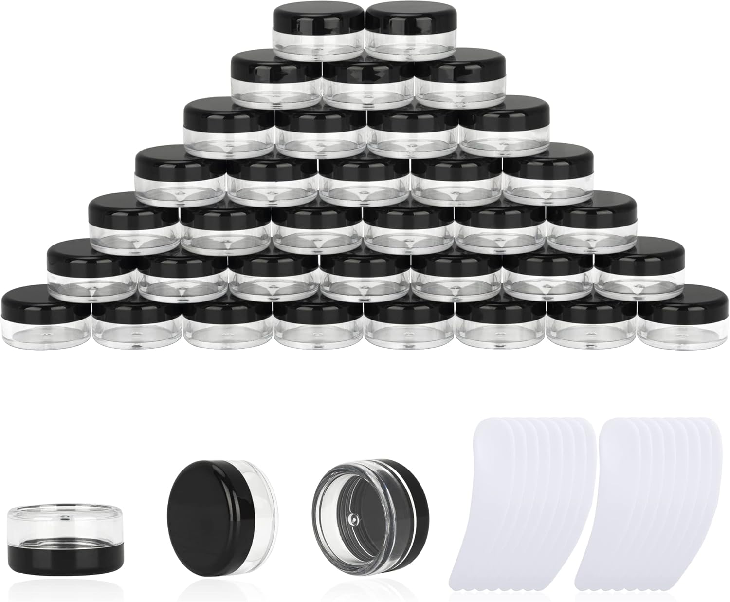 25PCS 3 Gram Sample Containers, 3Ml Empty Jars with Lids, Small Cosmetic Containers, Mini Sample Jars with 2PCS Mini Spatulas for Make Up, Oils, Lotion, Powder, Paint, Jewelry, Lip Balms(Black Lid)