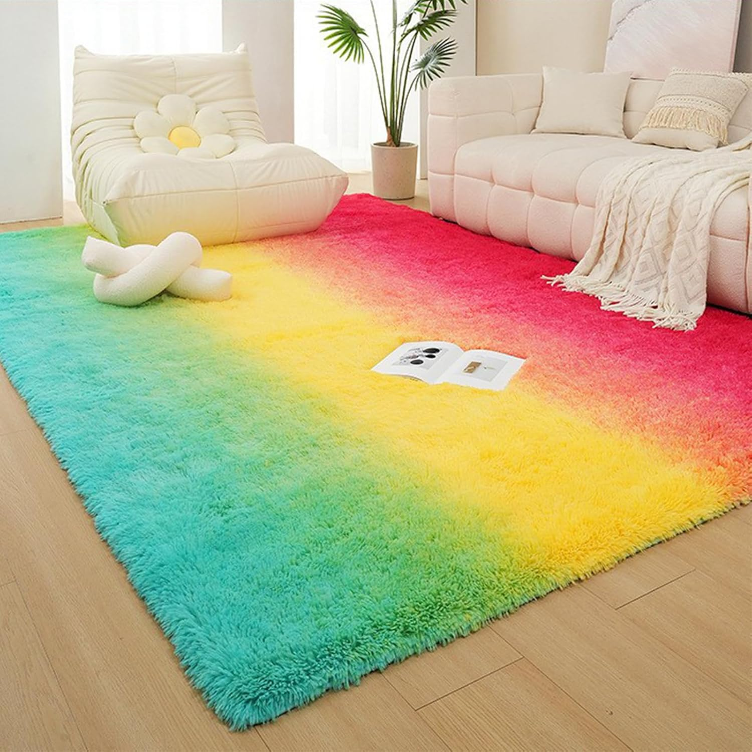 Large Fluffy Area Rugs for Bedroom Livingroom, Super Soft Shaggy Anti-Slip Fuzzy Rug Carpet for Women Girls, Modern Colorufl Tie-Dye Silky Smooth Fur Rug Floor Decor (Rainbow, 200X160Cm) - Pink-Red image number 3
