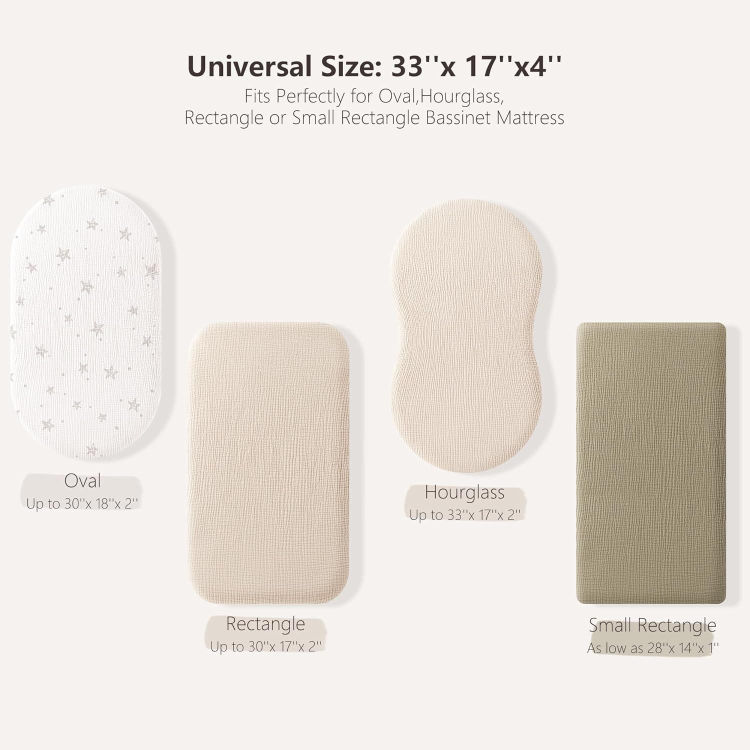 Bearmoss Muslin Bassinet Sheets 2 Pack - 100% Cotton Breathable Universal Fitted Bassinet Sheets 33&rdquo;X17&rdquo; Fit for Oval Rectangle or Hourglass Bassinet Mattress(Cream Star) image number 3