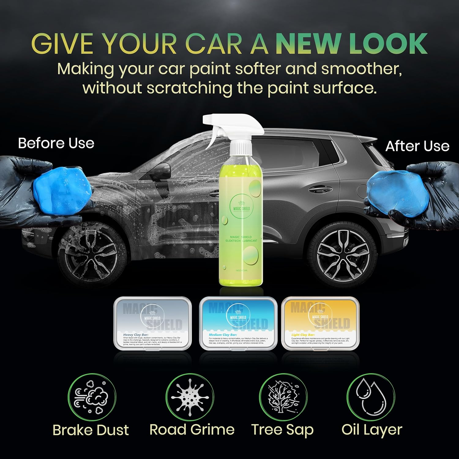 Magic Shield Clay Bar Triple Pack &ndash; 100G Light, Medium & Heavy Bars + Glidetech Lubricant Spray | Professional Auto Detailing, Deep Cleaning & Shine Restoration