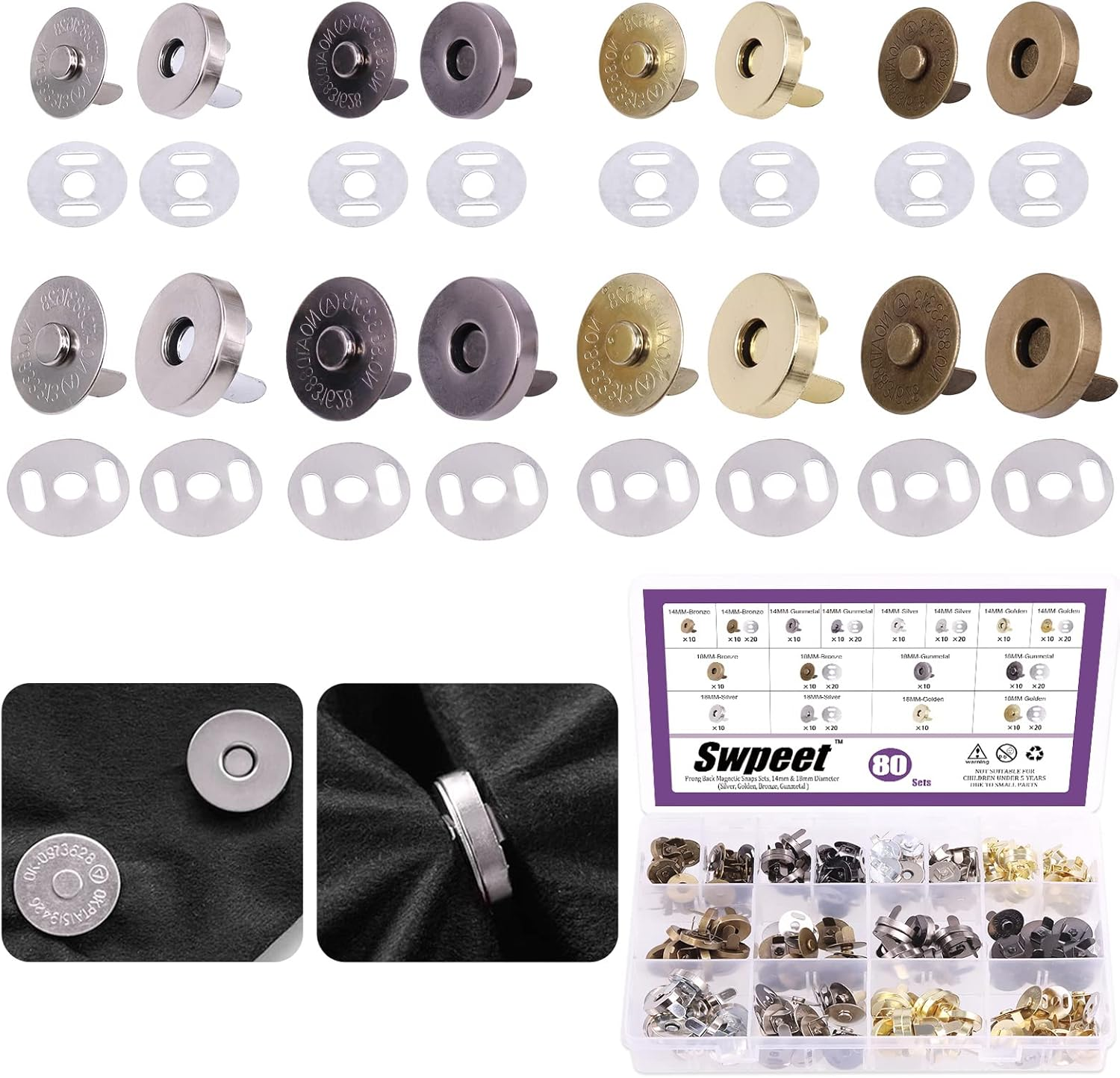 Swpeet 80 Sets Magnetic Button Clasps Snaps, 14/18MM Metal Fastener Clasps Gold Silver Bronze Black DIY Craft Sewing Knitting Buttons Sets for Sewing, Purses, Bags, Clothes, Leather,Silver Color image number 1