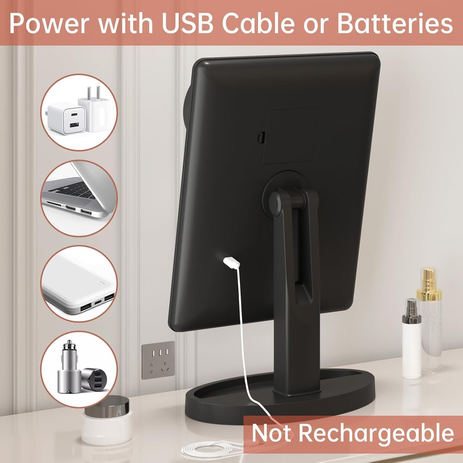 FUNTOUCH Large Lighted Vanity Makeup Mirror (X-Large Model), Light up Mirror with 35 LED Lights, Touch Screen and 10X Magnification Mirror, 360&deg; Rotation Tabletop Cosmetic Mirror (Black) image number 3