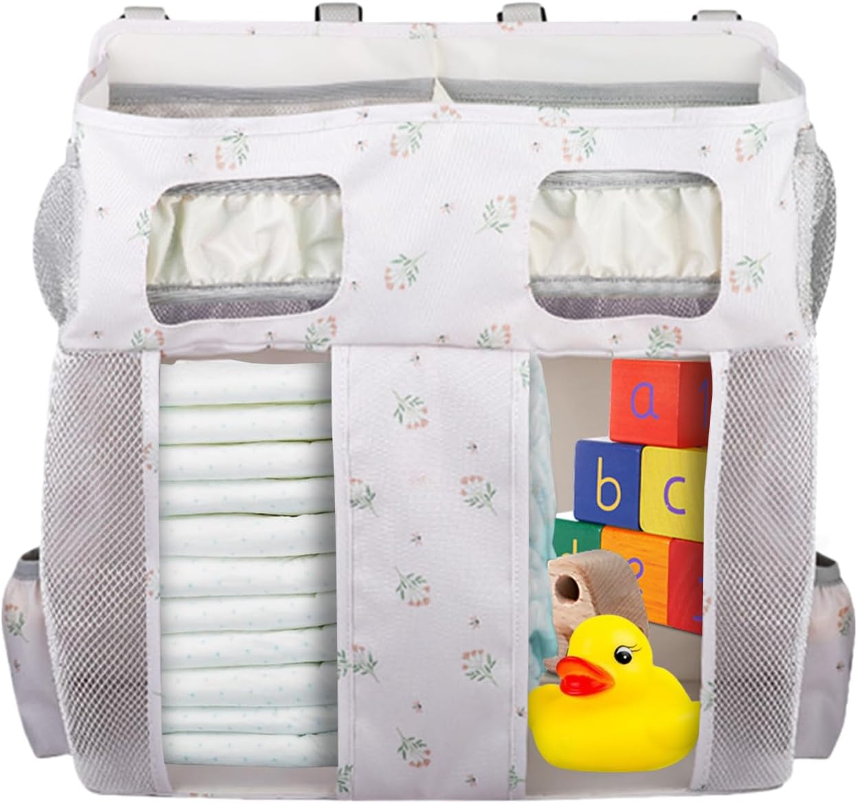 Crib Diaper Organizer, Oxford Bedside Storage Bag, 19.6X17.3X6.3 Inch, Large Capacity Nursery Stacker with Hanging Design, Ideal for Diapers, Bottles, Wipes, Bibs, Cribs, Nursery,