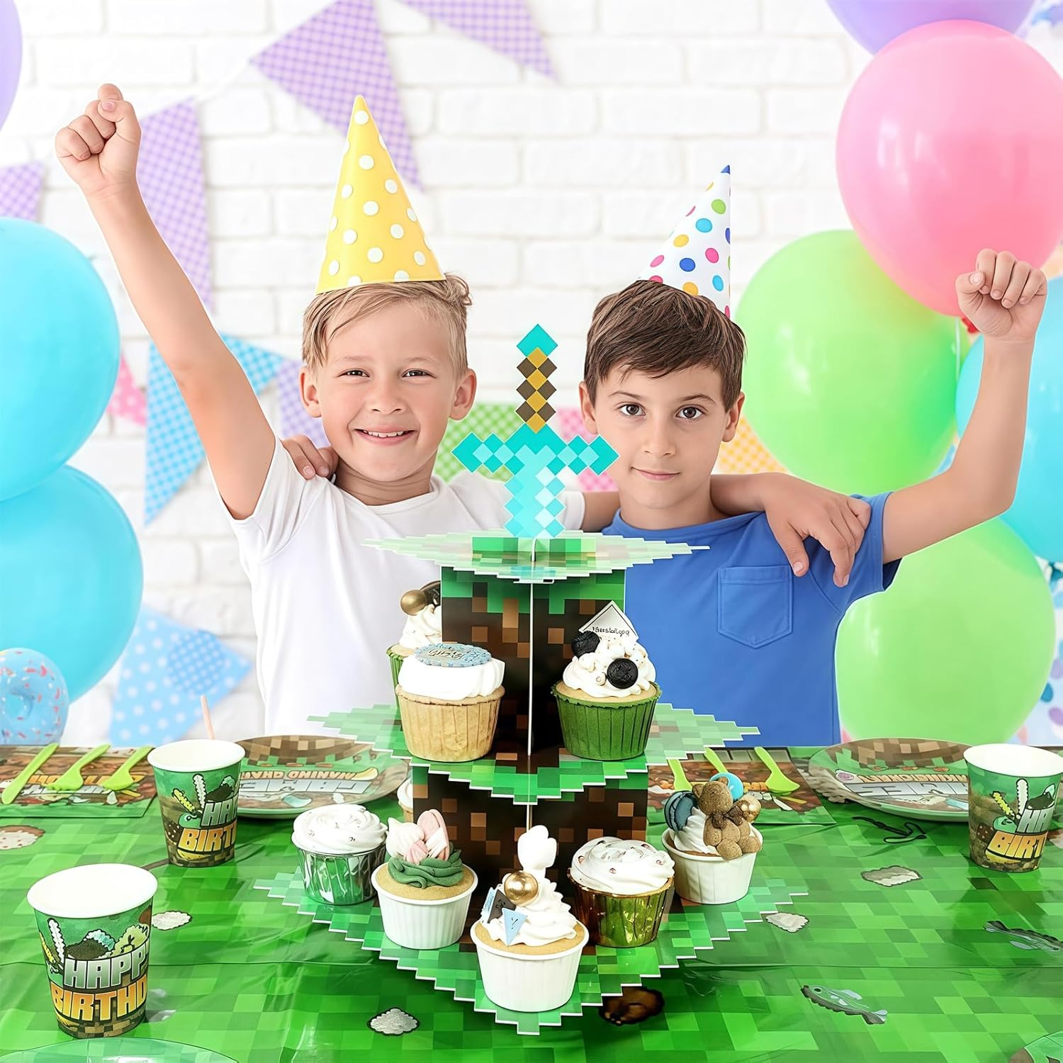 AEEGO Pixel Game Style Cupcake Stand, Three-Tier Cupcake Stand, Premium Cupcake Tray, Creative Tiered Tray, Cupcake Tower Display Plate, Birthday Party Supplies Decoration image number 3