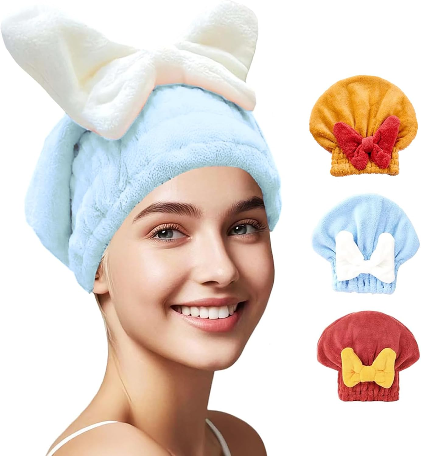 Meichoon Hair Towel 3-Pack Quick-Dry Microfiber Hair Drying Towels with Bow Design Cap Shape Elastic Band for Soft Frizz-Free Hair DK60 A