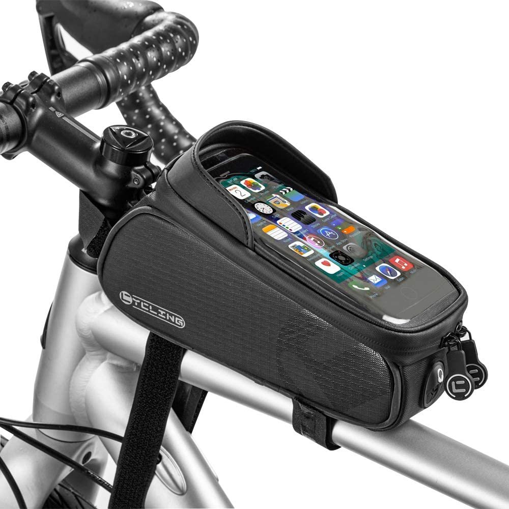 WOTOW Bike Frame Bag with Phone Holder, Waterproof Bicycle Front Top Tube Pouch Bike Phone Mount Pack Cycling Handlebar Bag with TPU Touch Screen Sun Visor and Headphone Hole for Smart Phone up to 6.5 image number 2