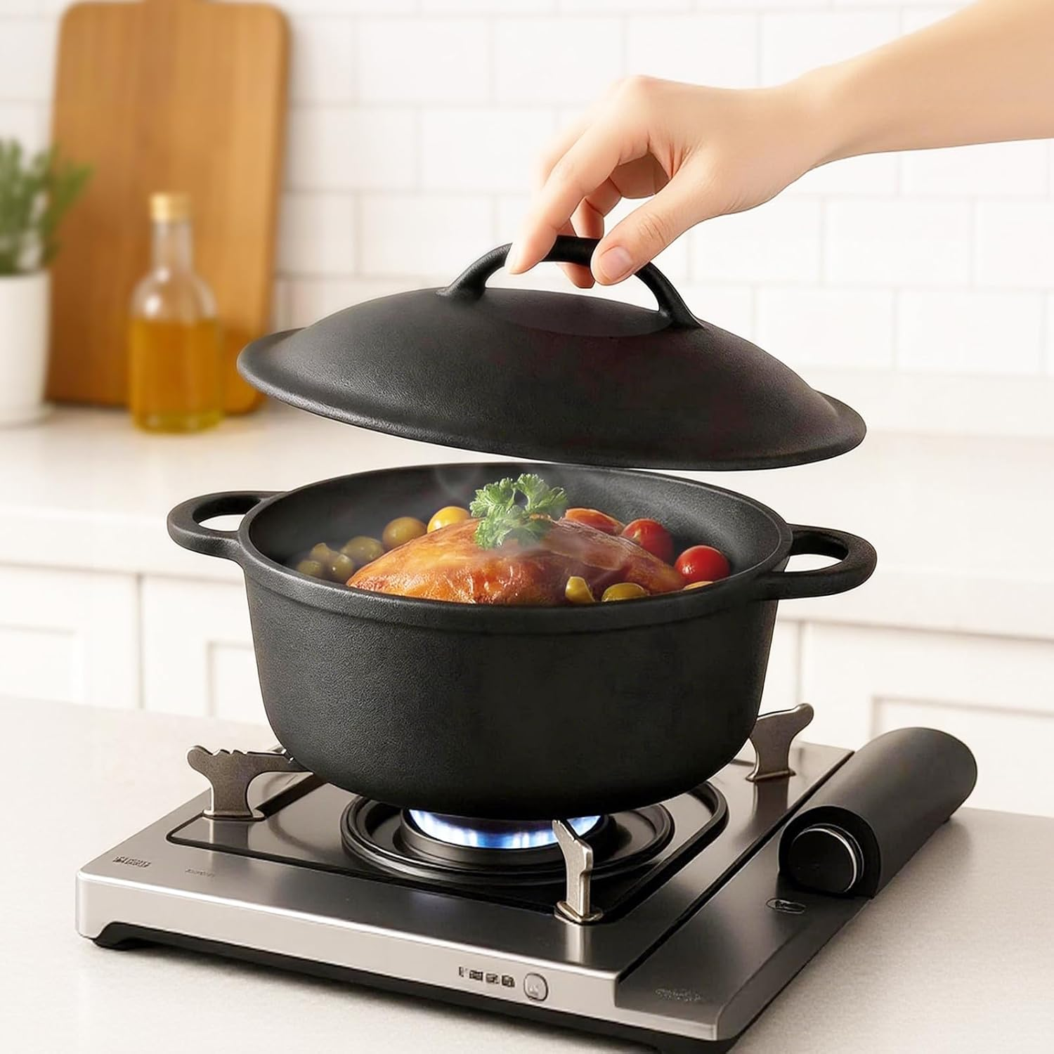 Toque Cast Iron Dutch Oven, Dutch Oven Pot with Lid and Dual Handles, round Pre-Seasoned Pot for Induction Electric Grill Stovetop BBQ Camping, Cast Iron Skillet Cookware, 6.6 Liters, Black image number 3