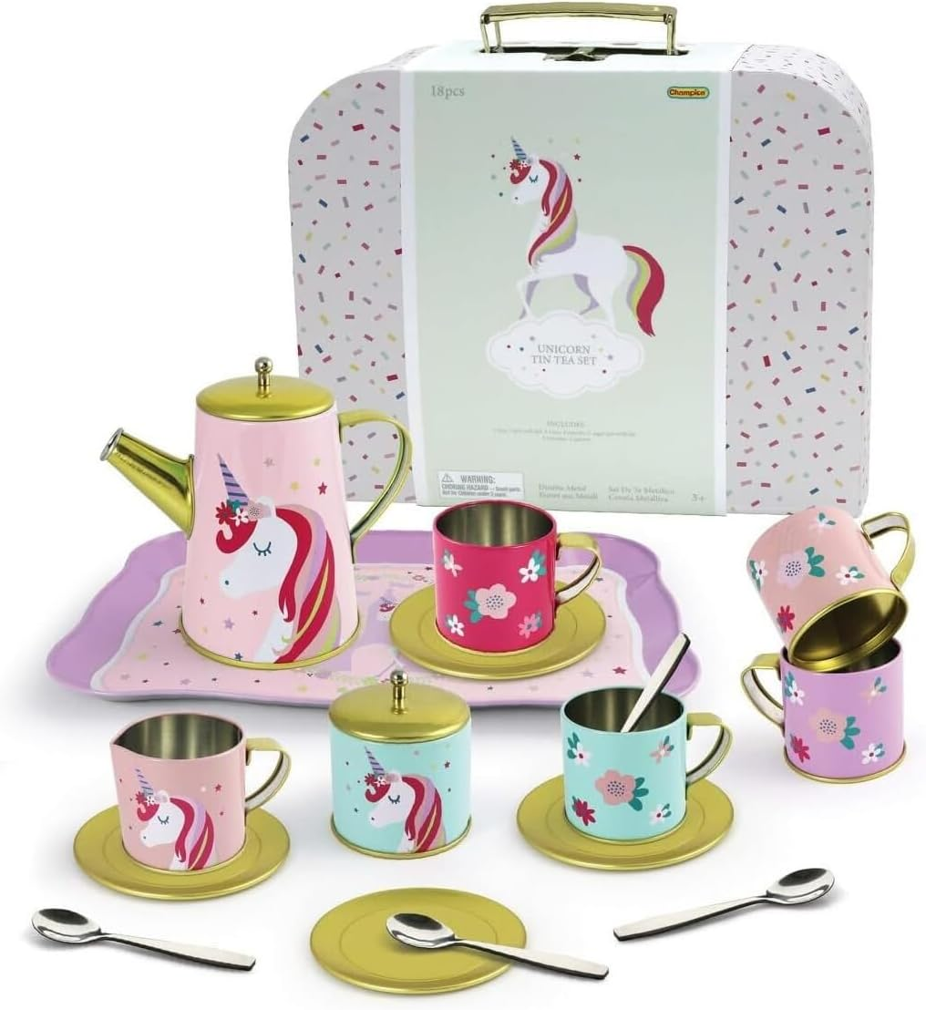 Kaper Kidz DELUXE UNICORN TIN TEA SET in Suitcase 18-Piece: Perfect Pretend Play Tea Party Fun! image number 2