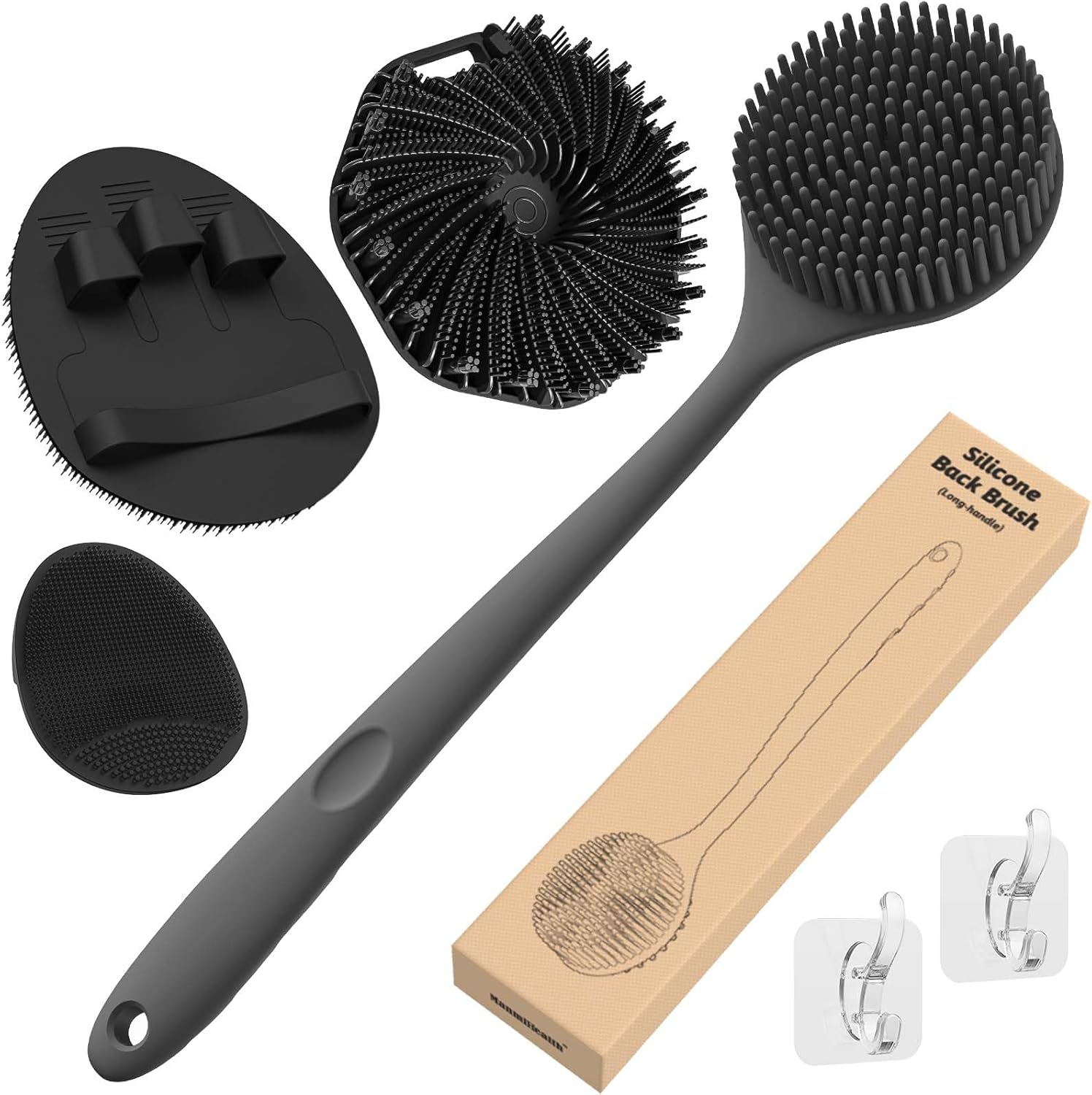 Manmihealth Silicone Back Scrubber & Soft Bath Glove Set 4 Pcs(Thick Bristles), Super-Exfoliating Body Scrubber & Super-Lathering Shower Brush Combination, with 2 Free Hooks (Black) image number 2