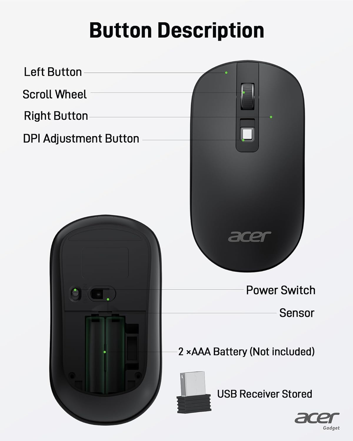 Acer Wireless Mouse for Computer, 1600 DPI Adjustable, 2.4G USB Cordless Silent Mice with Nano Receiver, for Laptop, Computer, PC, Macbook, Chromebook - Black image number 3
