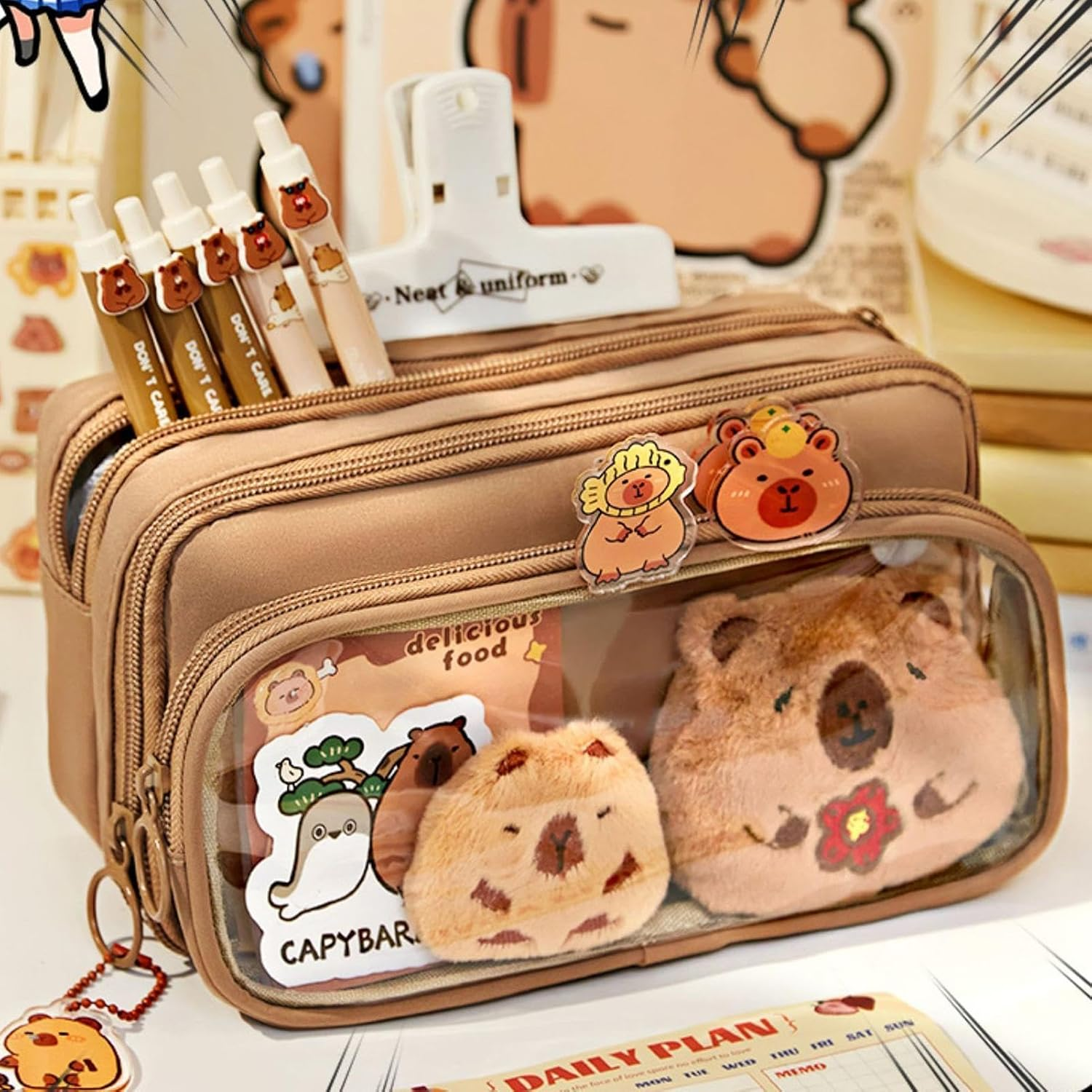 Cute Capybara Pencil Case, Pen Bag Capybara with 10 Compartments, Large Capacity Multi-Layer Clear Pencil Pouch with Brooch, Stickers, Pendant, and Memo Pad, Brown, Mass image number 5