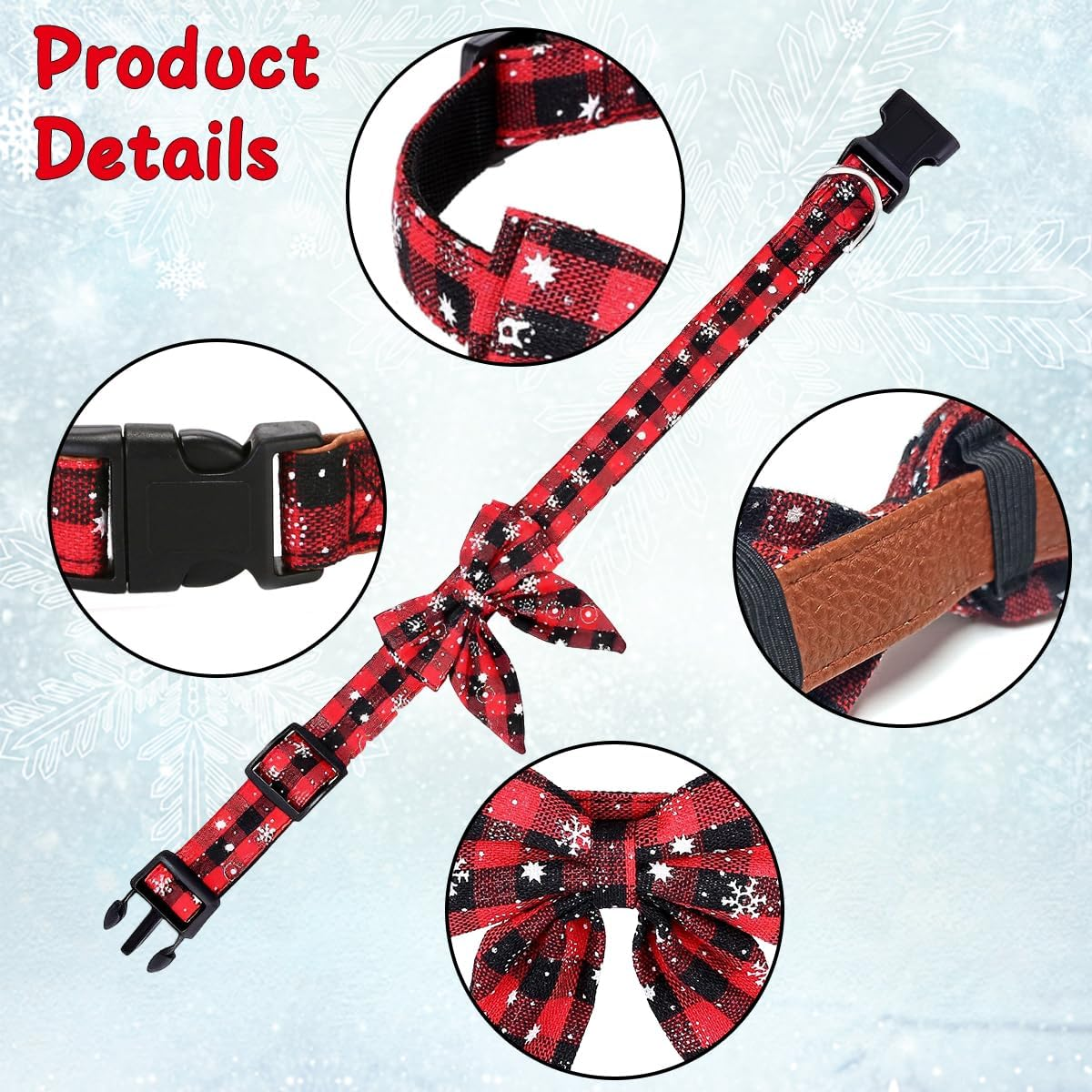 Christmas Dog Collar, Christmas Collar Dog, Cat Collar with Bow, Bow Tie for Dogs, Cute Checked Pattern, Dog Christmas Costume, Pet Collar for Kittens and Dogs (S) image number 5