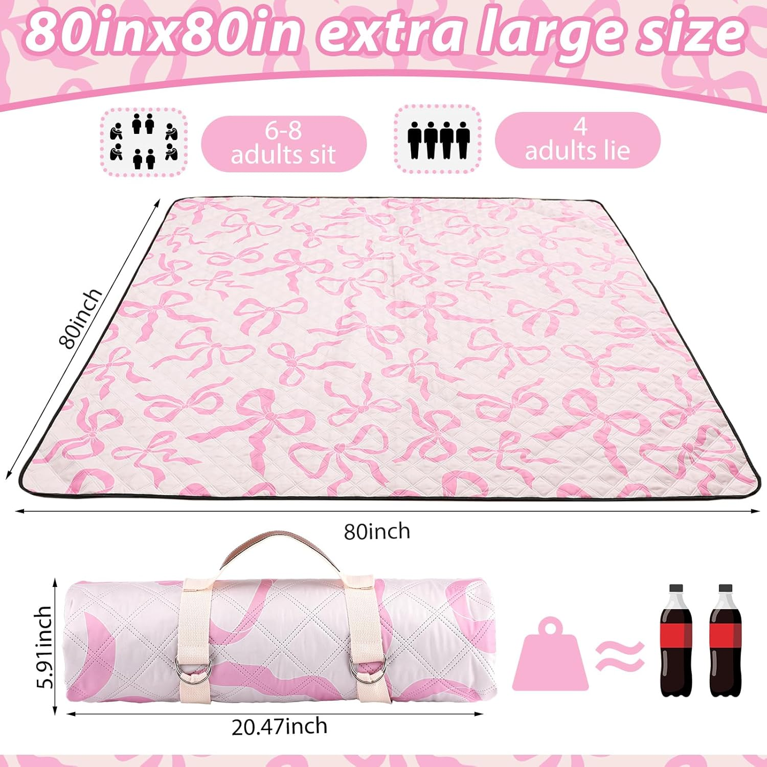 Pink Bow Picnic Blanket 80'' X 80'' Waterproof Extra Large Camping Blanket Coquette Picnic Mat Foldable Portable Preppy Outdoor Beach Mat with Carry Strap for Outdoor Grass Lawn Park image number 6