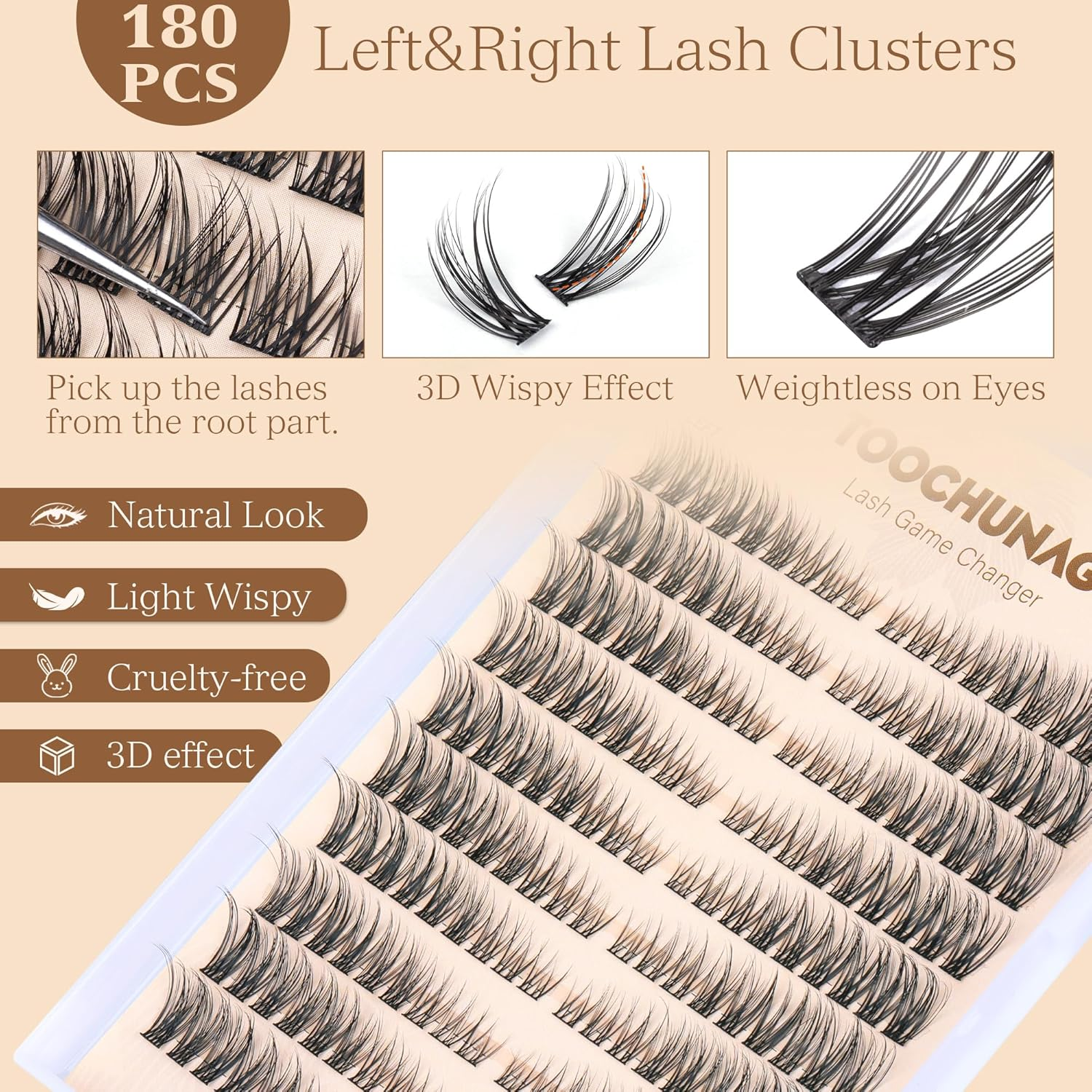 TOOCHUNAG Natural Lash Clusters 180Pcs Individual Eyelashes Wispy Cluster Lashes 7-15Mm C Curl Eyelash Clusters Left&Right DIY Individual Lashes Extension image number 3