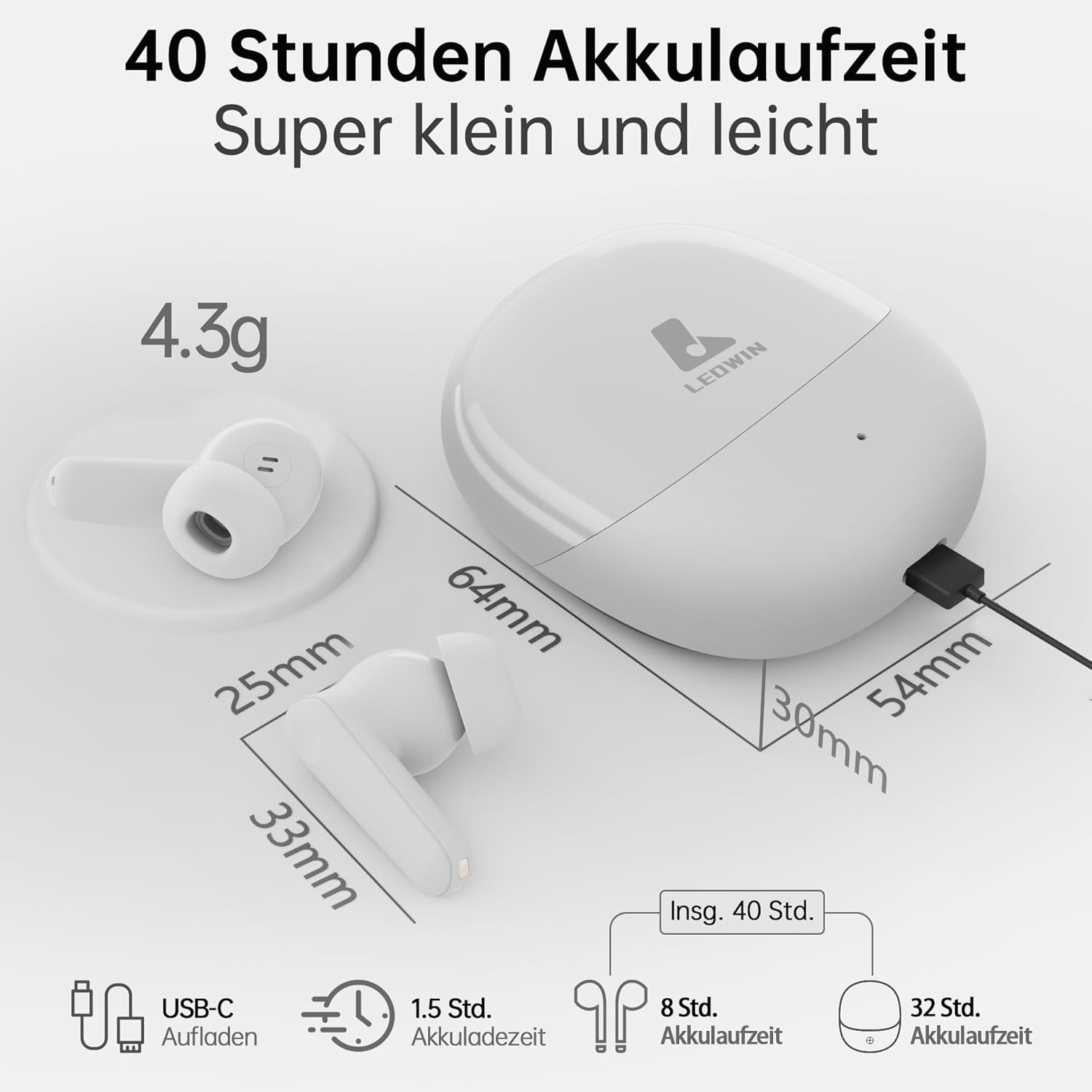 Leowin Wireless Earbuds, Bluetooth 5.3 Headphones Wireless Bluetooth Earphones with 4 Integrated Microphones for Clear Calls, ENC ANC Noise Cancelling, Transparent Mode, 40 Hours Battery Life image number 3