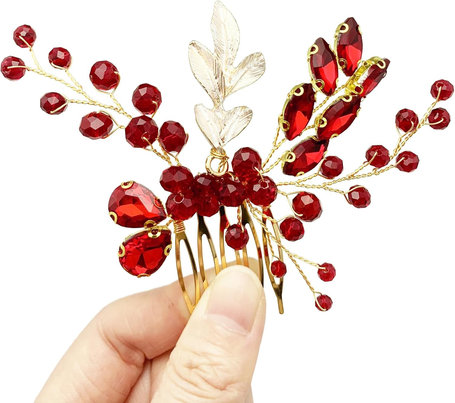 BETITETO Crystal Bridal Hair Comb Wedding Gold Vine Leaf Rhinestone Hair Piece Accessories for Women Girls (Red)