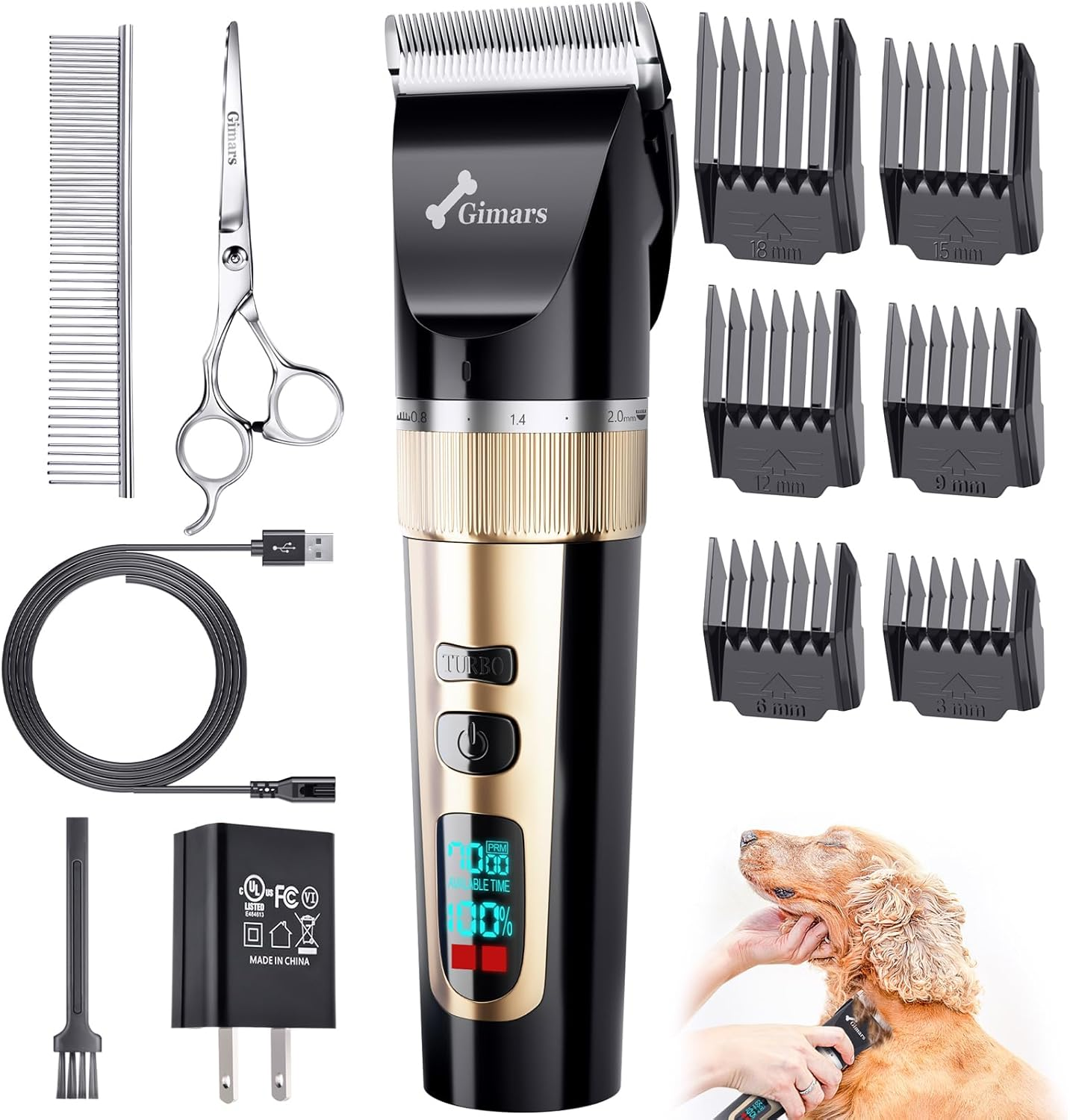 Gimars Cordless 3-Speed Dog Clippers with Stainless Steel Grooming Scissors Kits, Low Noise Quiet Rechargeable Pet Hair Trimmer for Thick Coats, Shaver Kit for Dogs and Cats