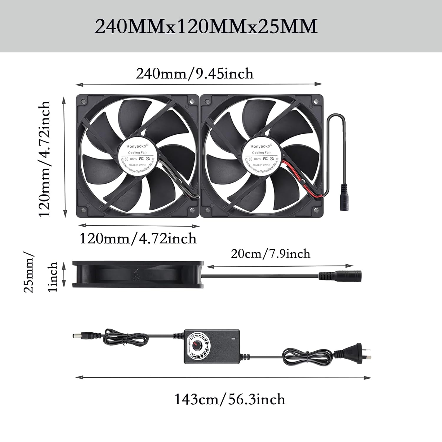 Ronyaoko Big Airflow Dual 120Mm Fans 2 X 12Cm 240Mm Computer Fan,Cabinet Chassis Cooling Fan,Ac 100V to 240V Speed Control,For Server Workstation Greenhouse Receiver Playstation Ventilation Cooling