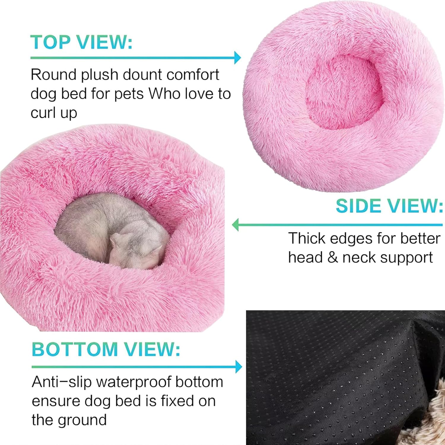 Calming Dog Bed for Small Medium Dogs,24 Inches Anti-Anxiety Donut Dog Cat Cuddler Bed Machine Washable Fluffy Luxury Anti-Slip Waterproof Mute Base Warming Cozy Soft Pet round Bed-Pink - Pink image number 5