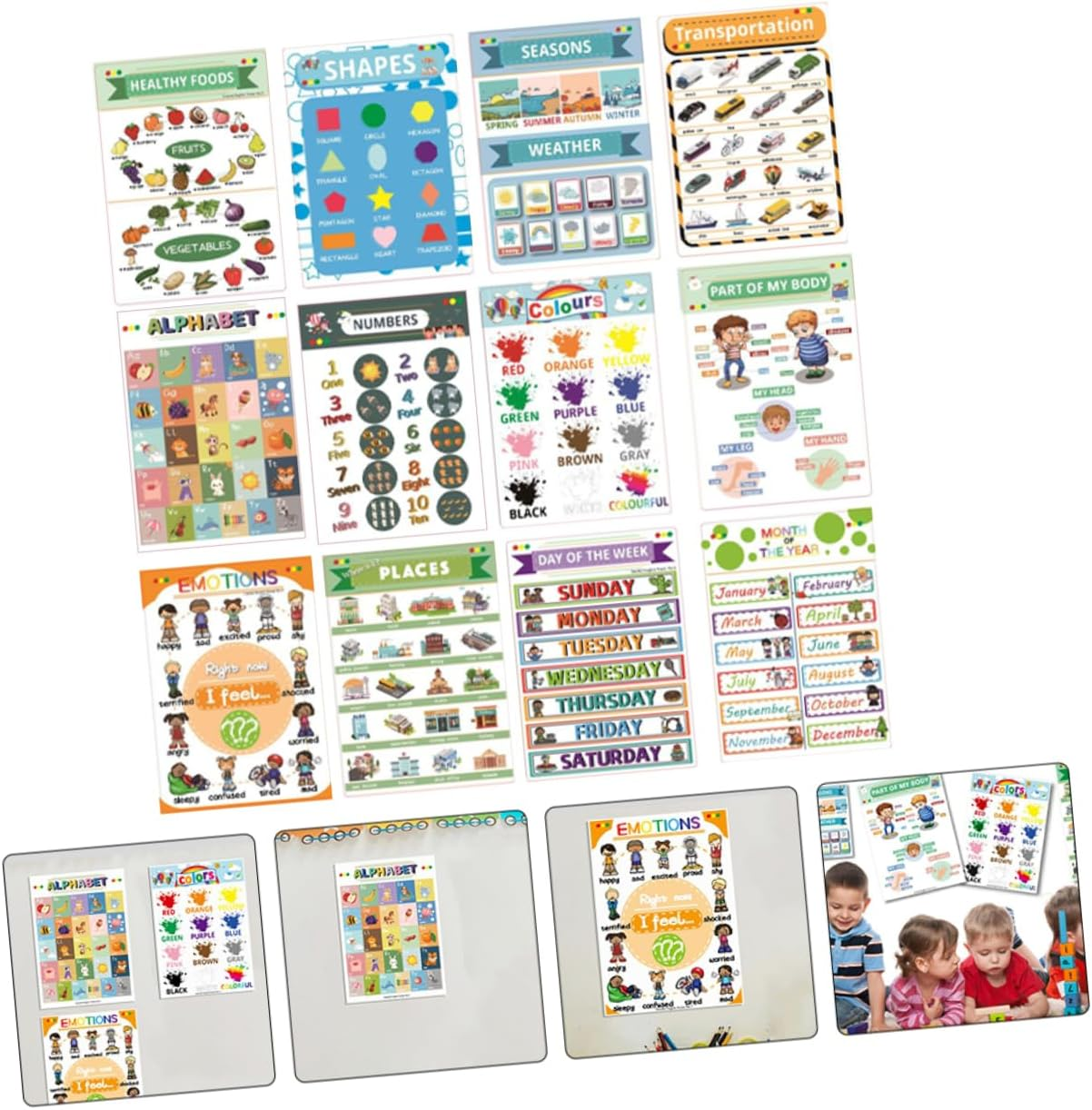 FUNOMOCYA 12Sheets Educational Preschool Posters Wear-Resistant English Learning Wall Charts for Boy Girl Teaching Tools for Homeschooling Kindergarten and Nursery Activities image number 1