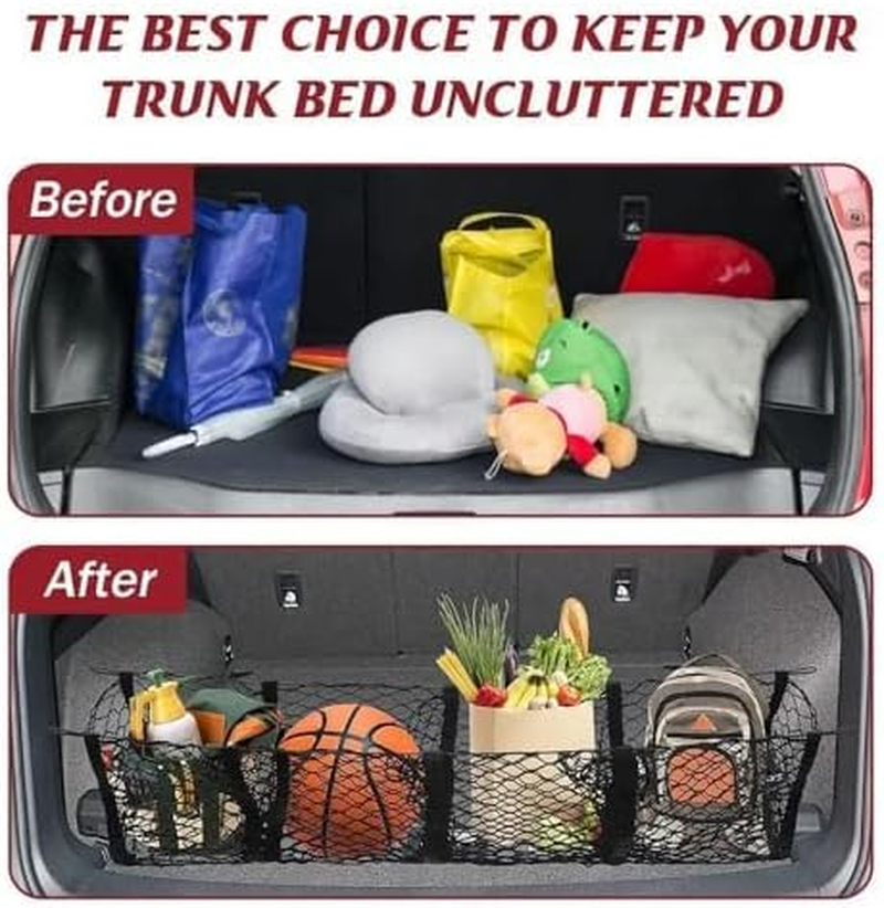 Cargo Net Trunk Organizer, Mesh Storage Net Heavy Duty Cargo Net with 4 Pocket, Stretchable Mesh Organizer with Hook and Screw, Universal Pickup Meshs Storage for SUV Car Pickup Truck Bed image number 6