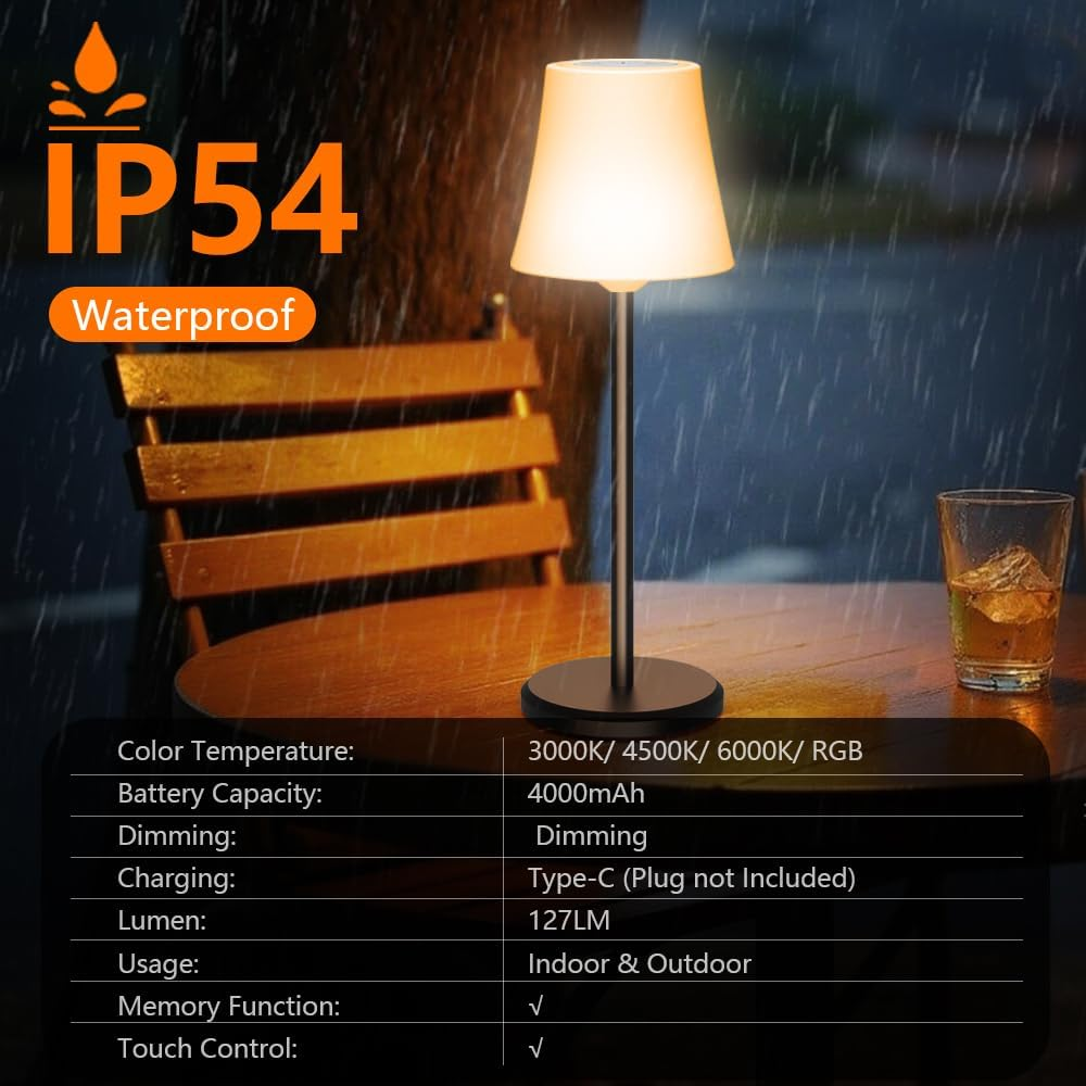 Ainostone LED Table Lamp Wireless Pack of 2 Battery Table Lamp Touch with 3 Colour Temperatures + RGB Continuously Dimmable USB-C Rechargeable IP54 Waterproof for Bedroom Dining Room Outdoor Camping image number 1