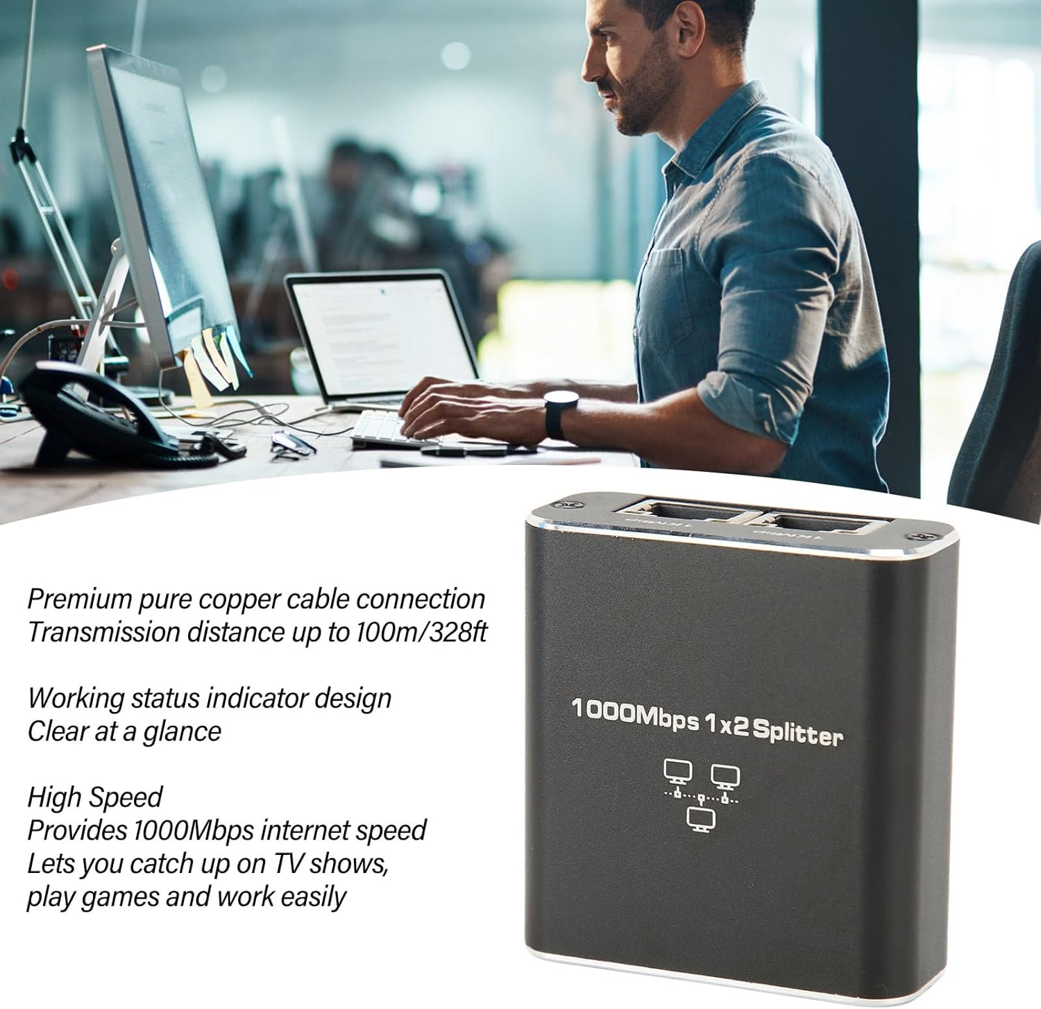 2 Port Gigabit Unmanaged Ethernet Switch, 1000Mbps 1 in 2 Out RJ45 Port Network Hub, Ethernet Splitter, Plug & Play, Aluminum Alloy Network Splitter for PC Laptop Router