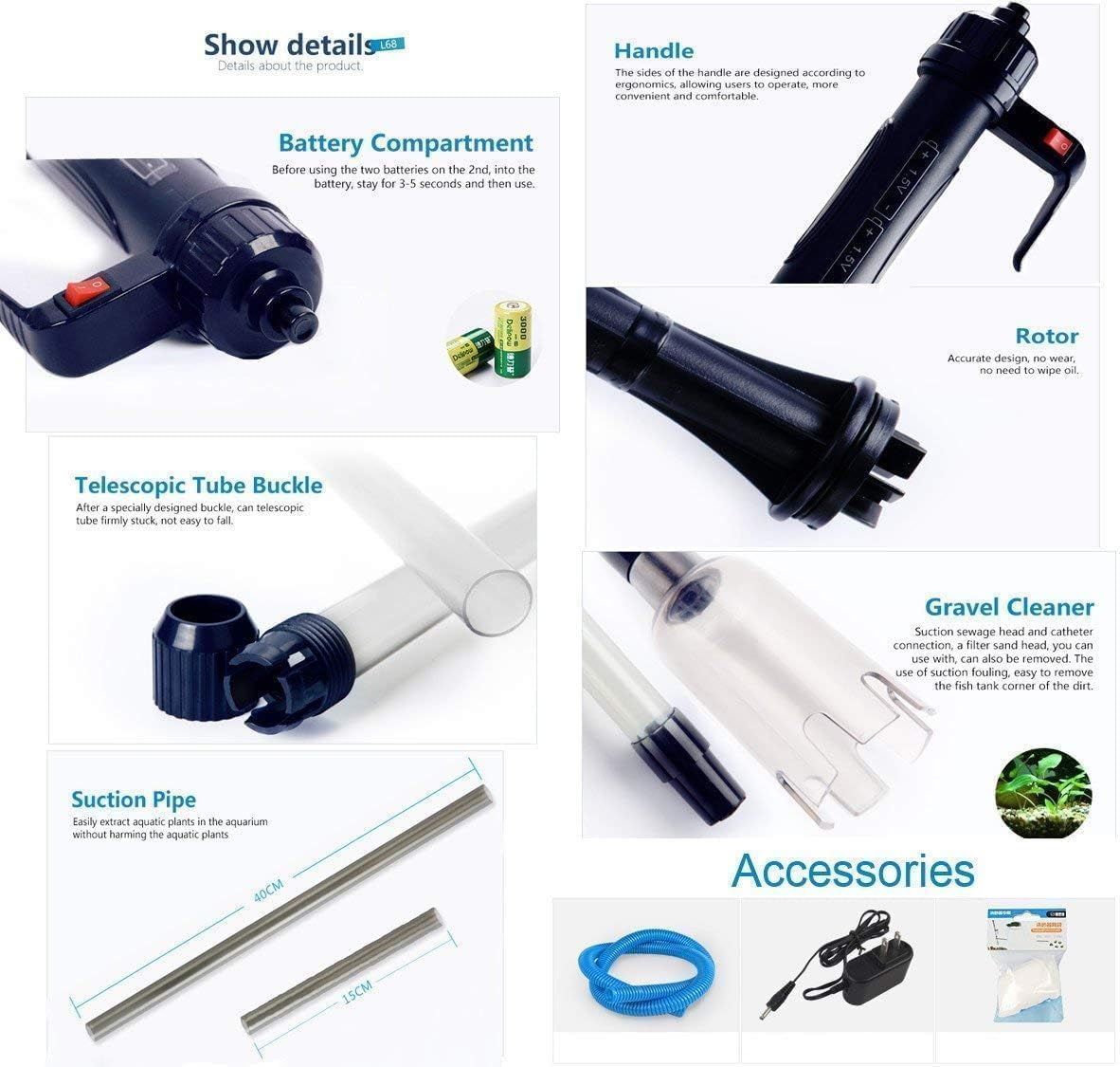 Electric Aquarium Vacuum Gravel Cleaner, Multifunction Fish Tank Cleaner Kit Gravel Vacuum, Syphon Operated Gravel Water Filter Cleaner Sand Washer for Automatic Wash Sand and Water Changer (Black)