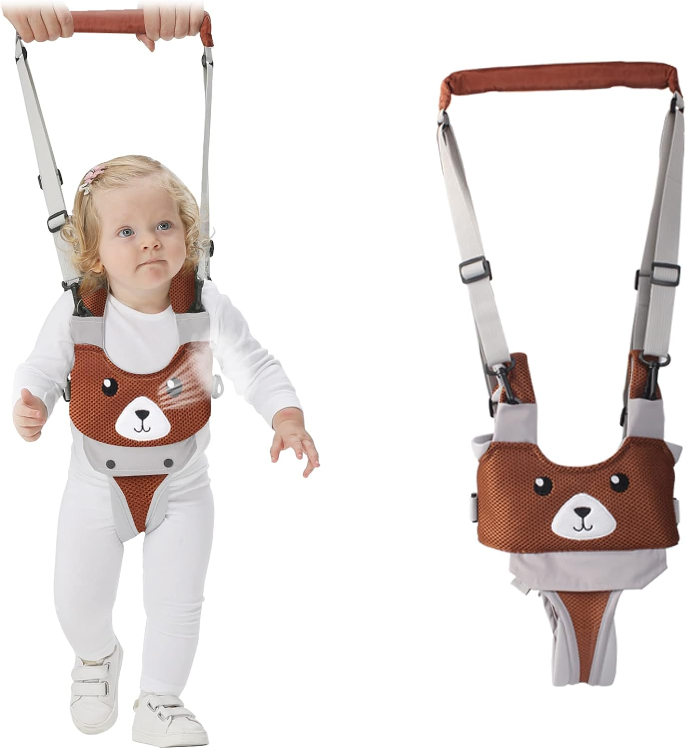 IULONEE Breathable Babies Walking Helper Adjustable Handle Walking Assistant for Toddlers Child Standing and Walking Safety Harness for Children 7-24 Months (Mesh Brown)