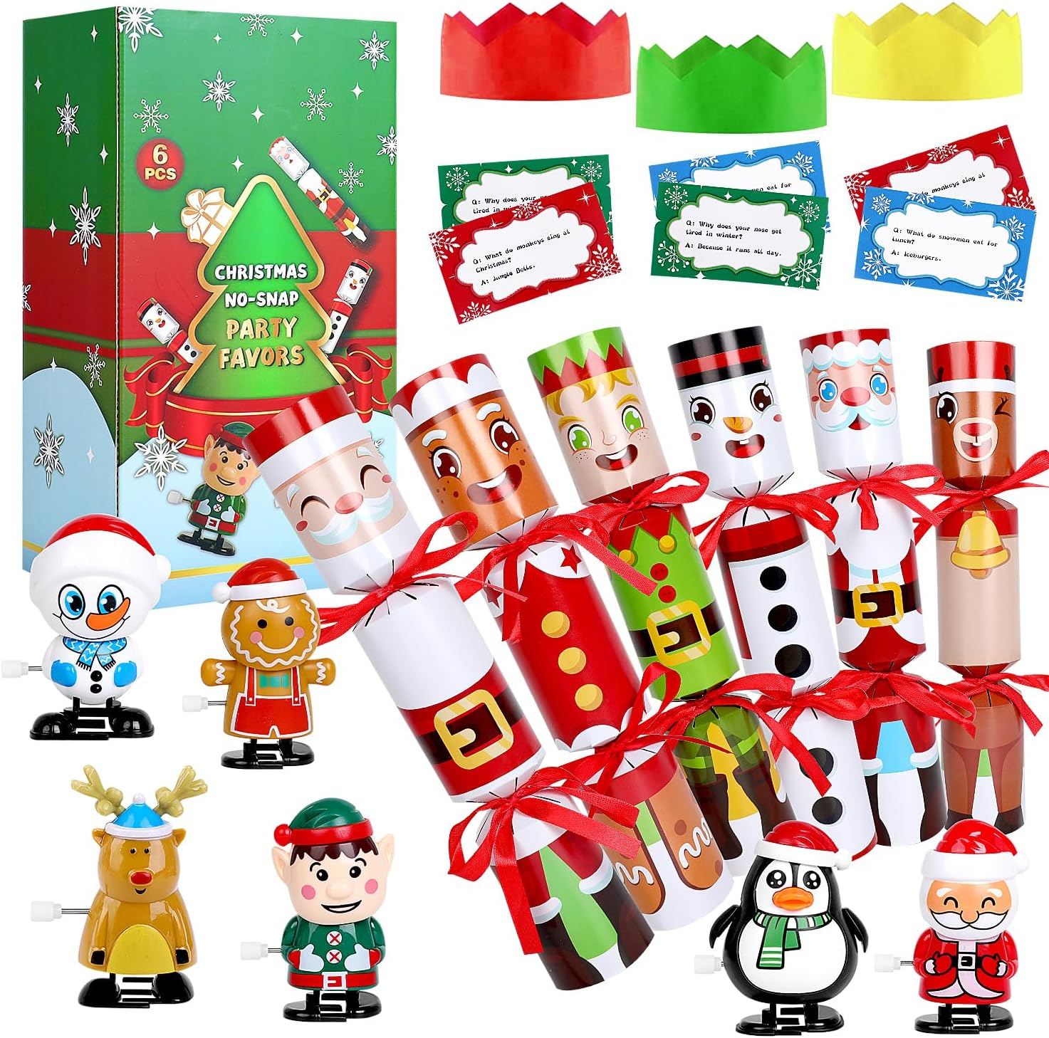 VEYLIN Christmas Crackers, 6 Pack Christmas No-Snap Crackers Crackers for Kids Party Table Favor with Wind up Toys, Party Hat & Joke Christmas Seasonal Holiday Dinner Traditions image number 4