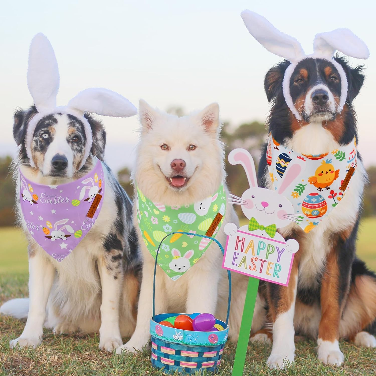 Cooshou Easter Themed Bandanas for Dogs Reversible Dog Scarf Dog Easter Outfits Handmade Easter Dog Bandanas for Small Middle Large Dogs Wear (3PCS) image number 3