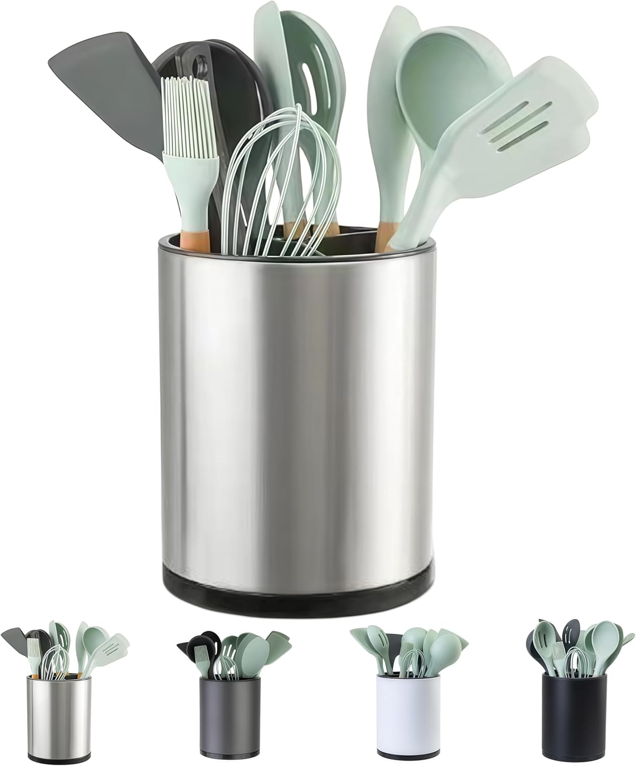 LIBODOUR Kitchen Utensil Holder Extra Large 360&deg; Rotating for Counter Organizer Stainless Steel Storage Cooking Silverware Caddy Flatware 3 Compartment Flatware Spoon Spatula Lazy Susan （Silvery） image number 2