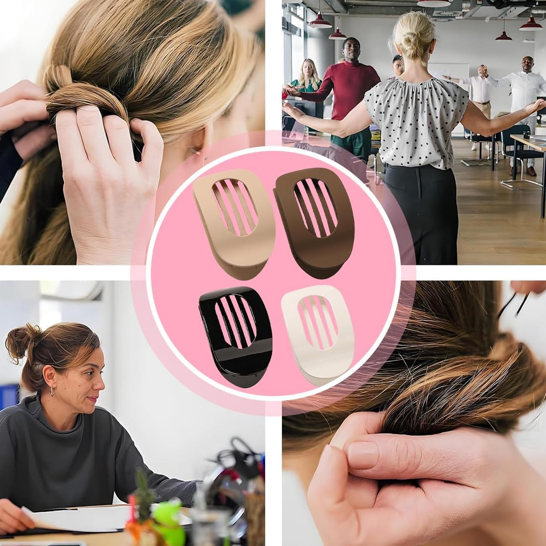 JRYXDS Pack of 4 Neutral Colour Matt Flat Hair Claw Clips with Secure Hold and Inner Teeth round Lay down Hair Clip for Thick and Thin Hair