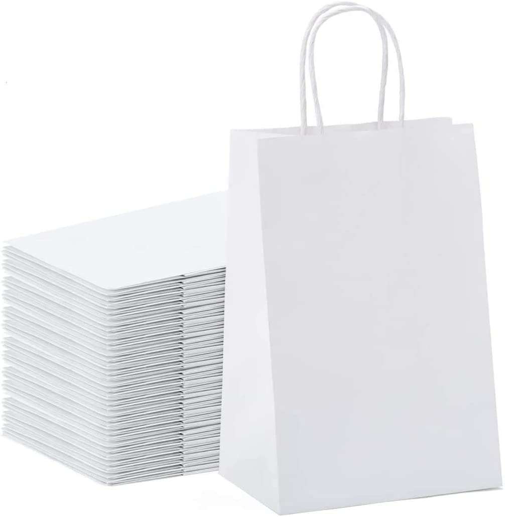 Idopick 40Pcs Kraft Paper Bags with Handles, White, 15 X 8 X 21Cm, Perfect for Business, Shopping, Retail, Party, Favor, Merchandise Bags (White)