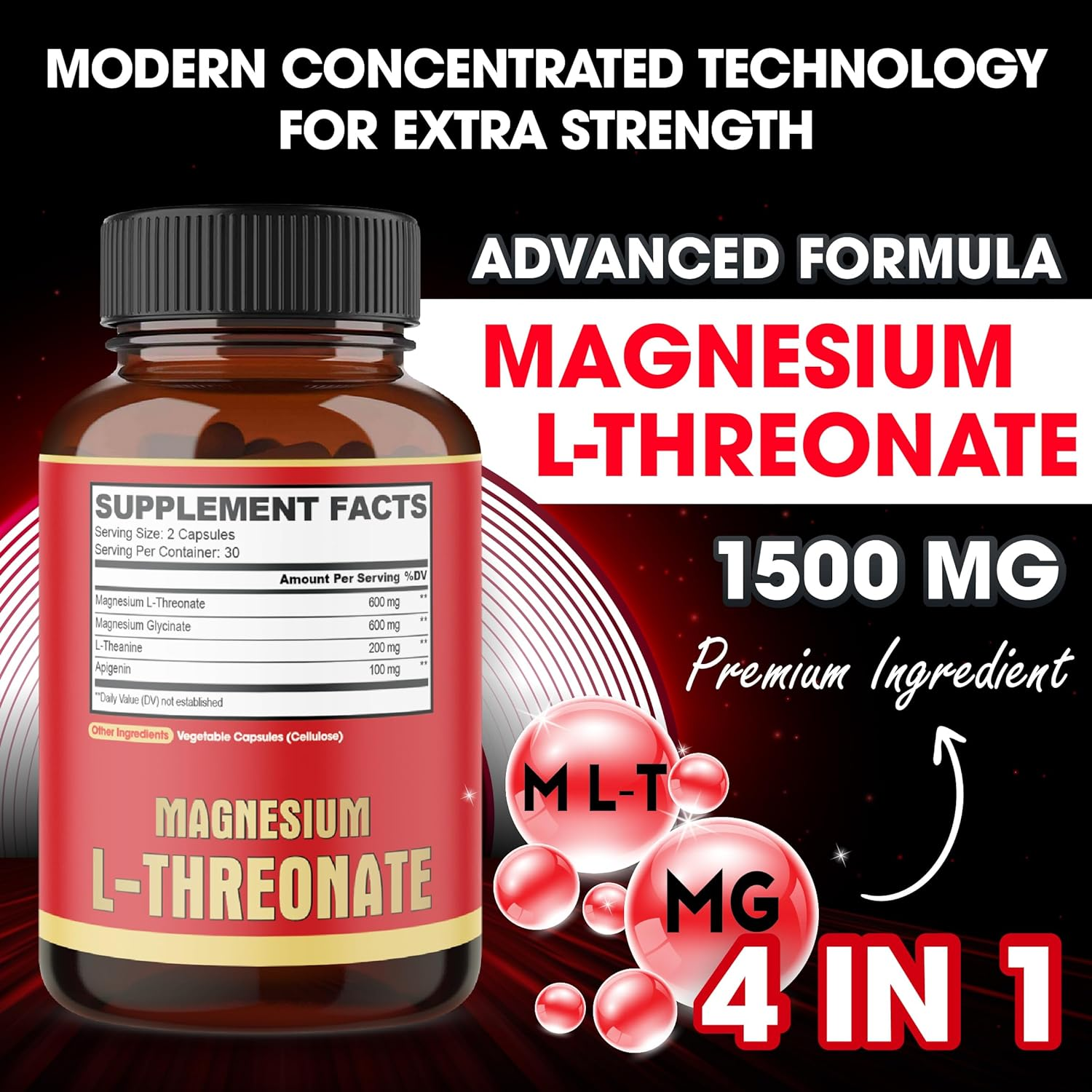 60 Capsules - 1500Mg Magnesium L-Threonate Capsules, Magnesium Glycinate, L-Theanine, and Apigenin - Gluten-Free, Non-Gmo image number 5