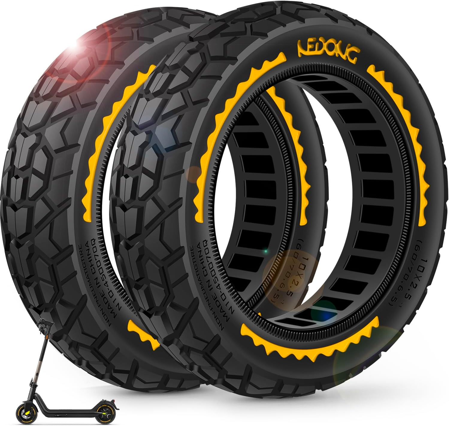 60/70-6.5 Solid Rubber Tyres 10 X 2.5 Solid Tyres for Ninebot Max G30/G30 D2/Odys Neo E100/Ducati Pro 2 Electric Scooter 10 Inch Front or Rear Honeycomb Tyres Non-Slip Puncture Proof (Yellow)