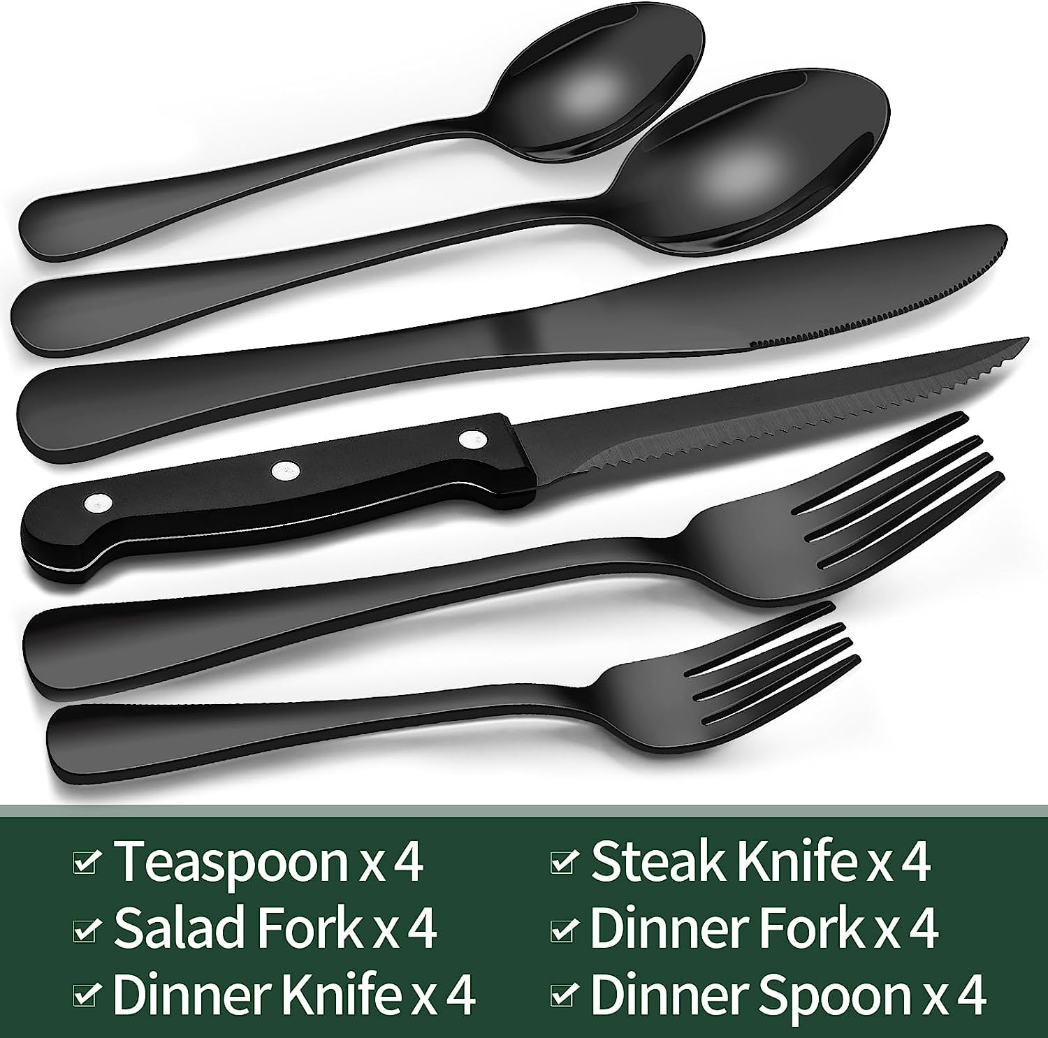 24-Piece Black Silverware Set with Steak Knives, Black Flatware Set for 4, Food-Grade Stainless Steel Tableware Cutlery Set, Mirror Finished Utensil Sets for Home Restaurant image number 2