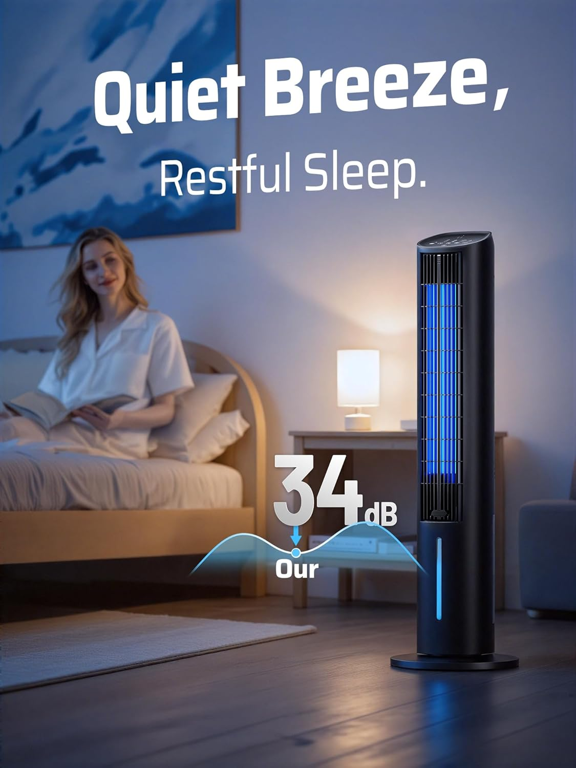 Bladeless Tower Fan Cooling - Portable Air Conditioner with Remote, 3L Water Tank, 3 Speeds, 4 Modes, 12H Timer, 80&deg; Oscillating Tower Fans Air Purification Cooler for Home, Bedroom, Baby Rooms, Black image number 6