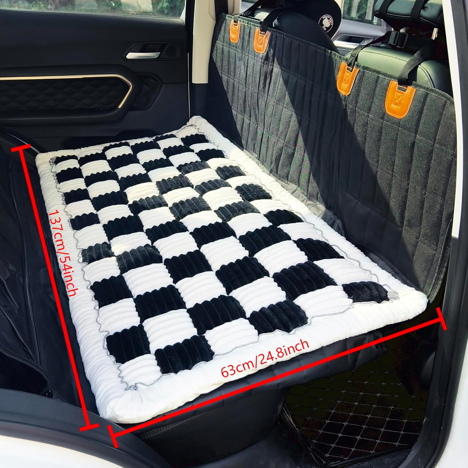Backseat Pet Bed Mat, Plaid Dog Bed for Car, Non-Slip Travel Dog Bed, Custom Fit for Backseat Extenders and Seat Covers (Black&White, 24.8X54 Inch) - Bluegreywhite image number 2