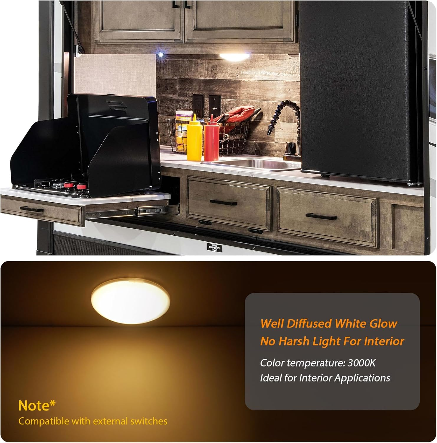 Dream Lighting 12Volt DC LED Interior Ceiling Lights White PC Lens down Lamp RV Motorhome Caravan Boat Yacht Warm White under Cabinet Roof Dome Lighting 250 Lumens