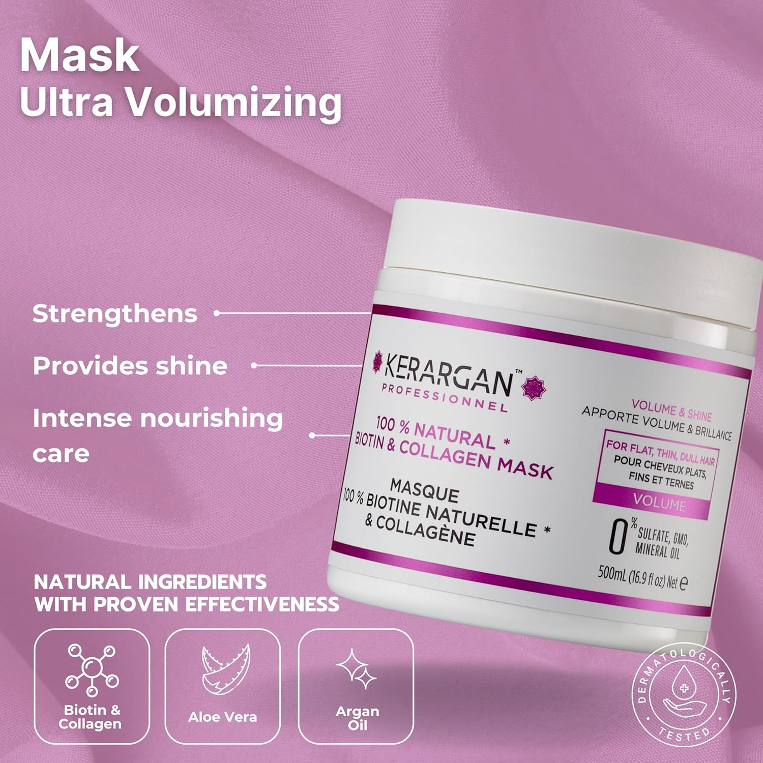 Kerargan - Shampoo, Conditioner and Mask with Biotin and Collagen to Give Your Hair Strength, Shine and Vitality - for Damaged Hair - No Sulphate, Parabens, Silicone - 3 X 500 Ml image number 2