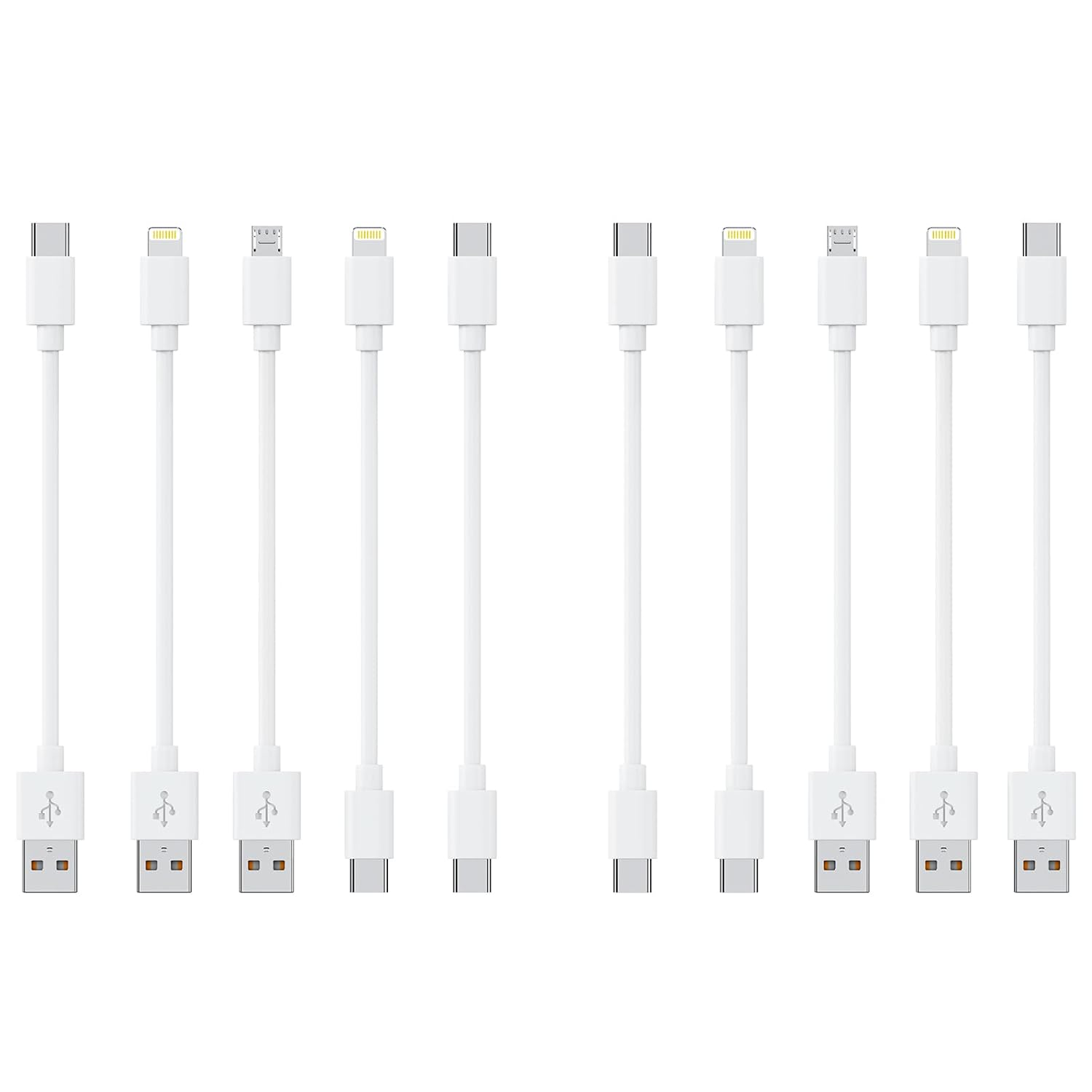 [30CM, 10-Pack] Multi Short USB Charging Cables, Fast Charge & Sync Type-C/Lightning/Micro Cords Bulk for Charging Station Compatible with Iphone16&15, Iphone5-14, Ipad, Ipod, Mobiles, Tablets, White