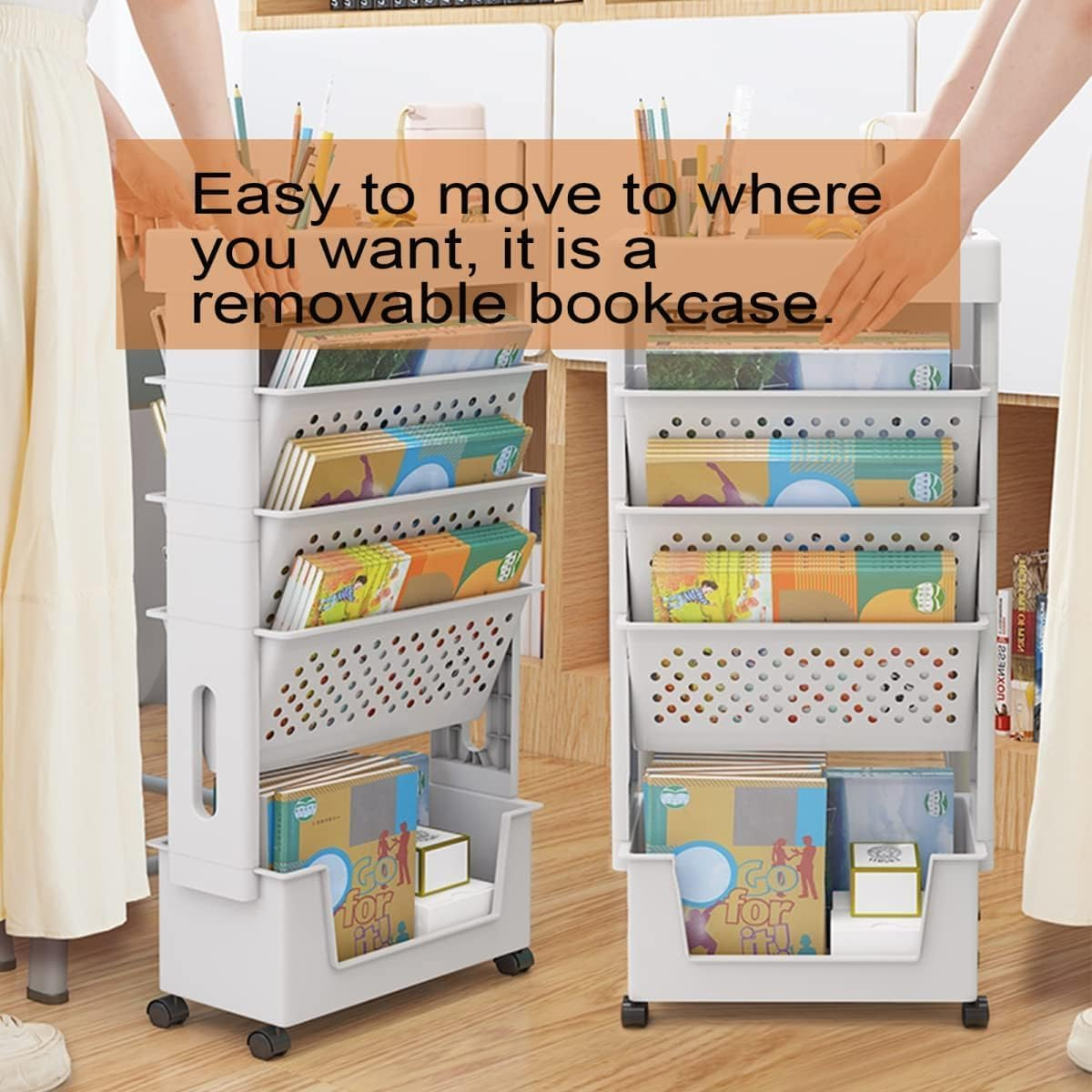 Uandhome 5 Tier Book Rack Storage Bookshelf, Removable Movable Unique Bookcase, Utility Organizer White Bookshelves Cart with Wheels for Students Study in Living Room Home Classroom School image number 6
