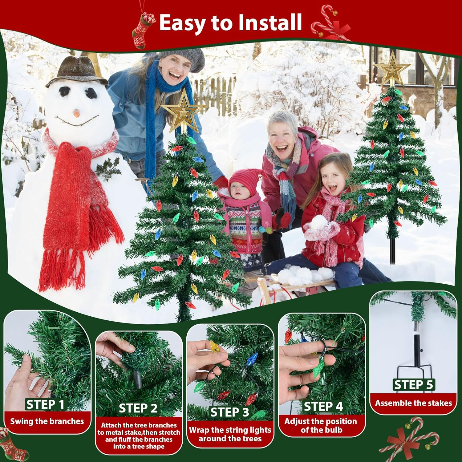 Ninonly Solar Christmas Tree Light 2 Pack, 1.1M 1000Mah Solar Powered Christmas Garden Light 8 Modes Waterproof C6 Strawberry 100Leds Solar Yard Stake Pathway Lights for Christmas Outdoor Decoration image number 5