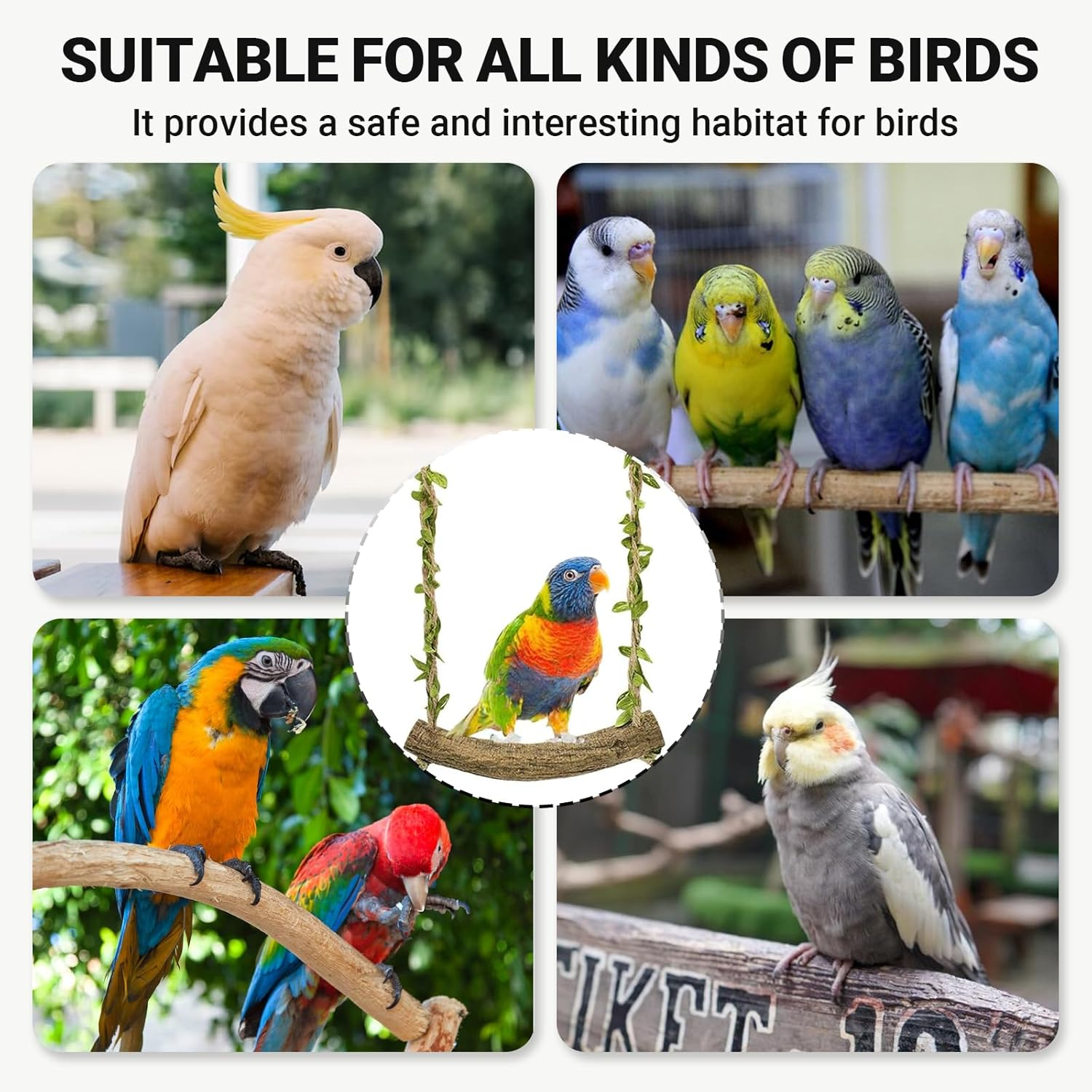 JOWILIN Wood Birds Cage Swing, Bird Perch Stand with Metal Hooks, Parrot Rope Swing Hanging Toy, Bird Chewing Toy, Training Stand Holder for Budgie Conure Finches, Cockatiel, Lovebird image number 3