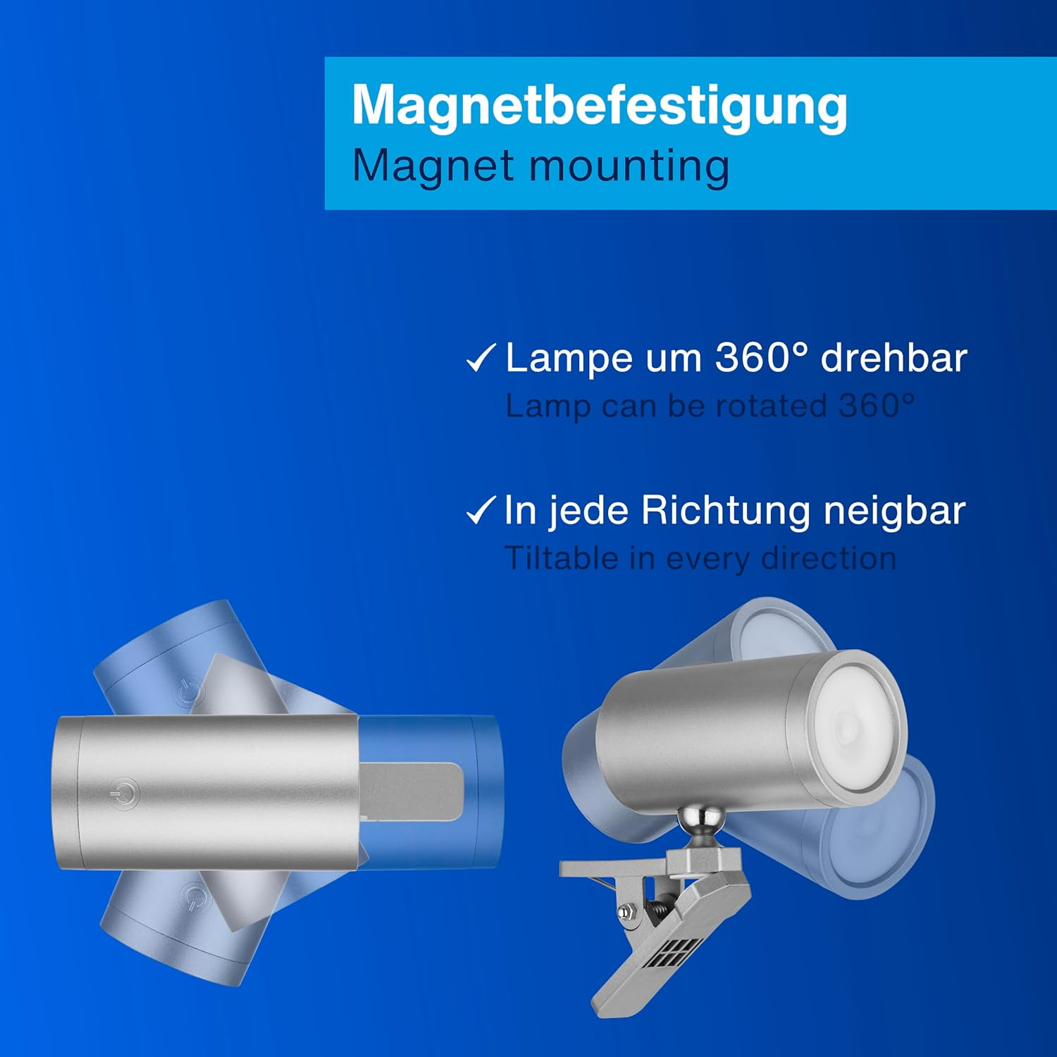 REV LED Wall Light with Battery and Motion Sensor, 180 Lm, Wireless, Dimmable, 360&deg; Rotatable, Path Light to Take with You - Ideal for Camping, Garage & Basement, IP54, Silver image number 5