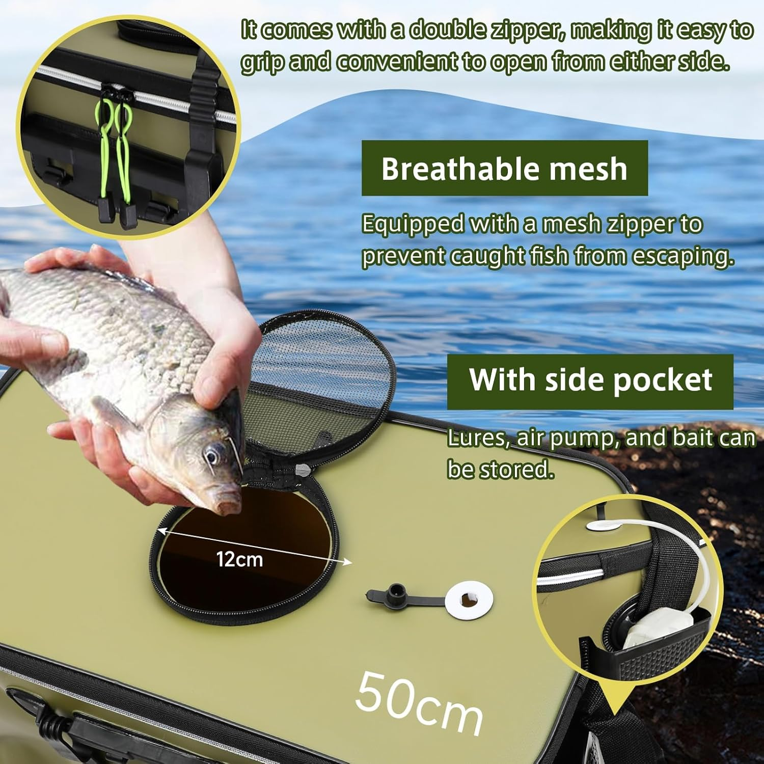 Fishing Bucket,Foldable Fish Bucket, Multi-Functional EVA Fishing Bag for Outdoor, Live Fish Lures Bucket and Fish Protection Bucket, Live Fish Container (50Cm/Armygreen) - Black image number 4