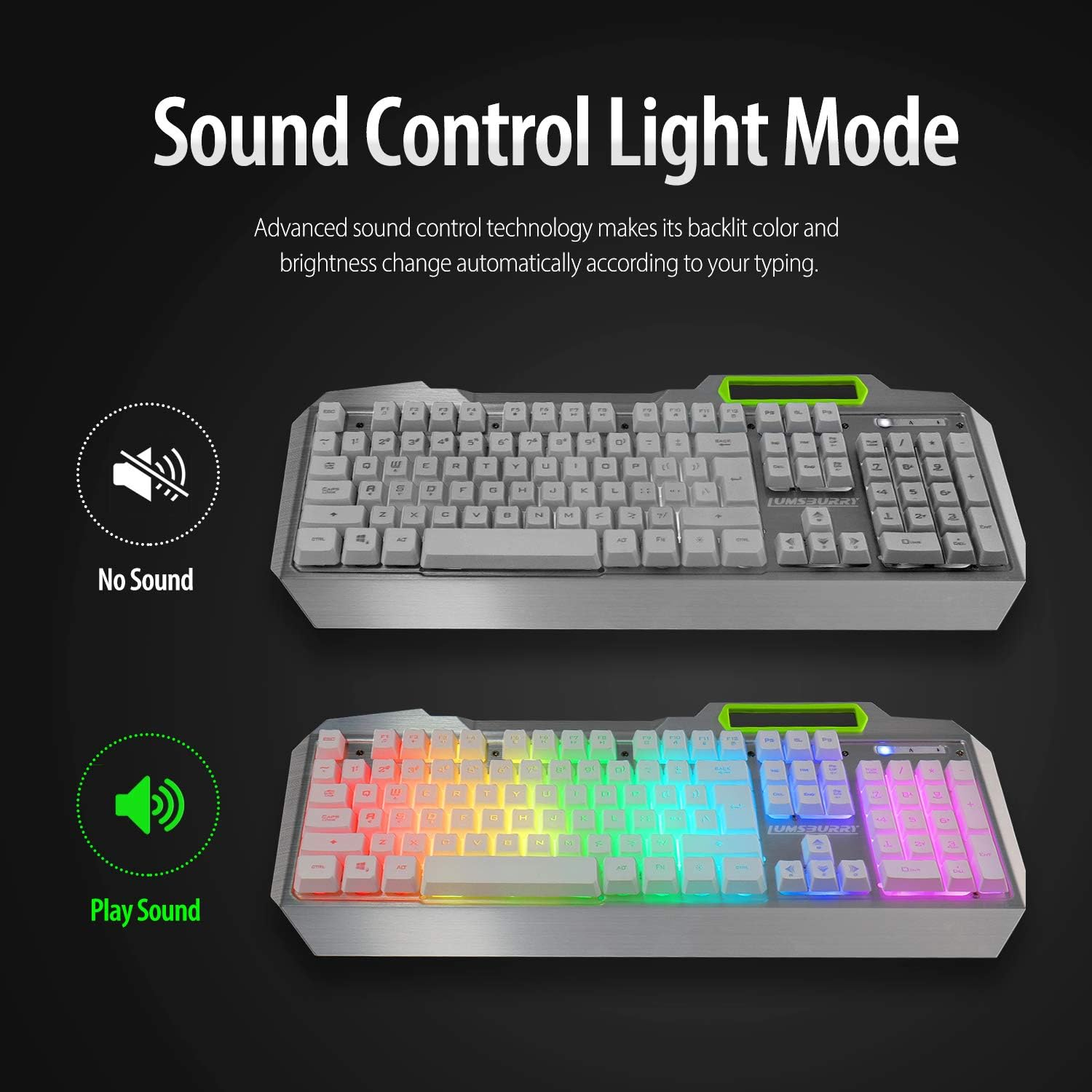 Lumsburry RGB LED Backlit Gaming Keyboard with Anti-Ghosting, Light up Keys Multimedia Control, USB Wired 104 Keys Metal Keyboard for PC Games Office (Silver&White) - Cool Black image number 2