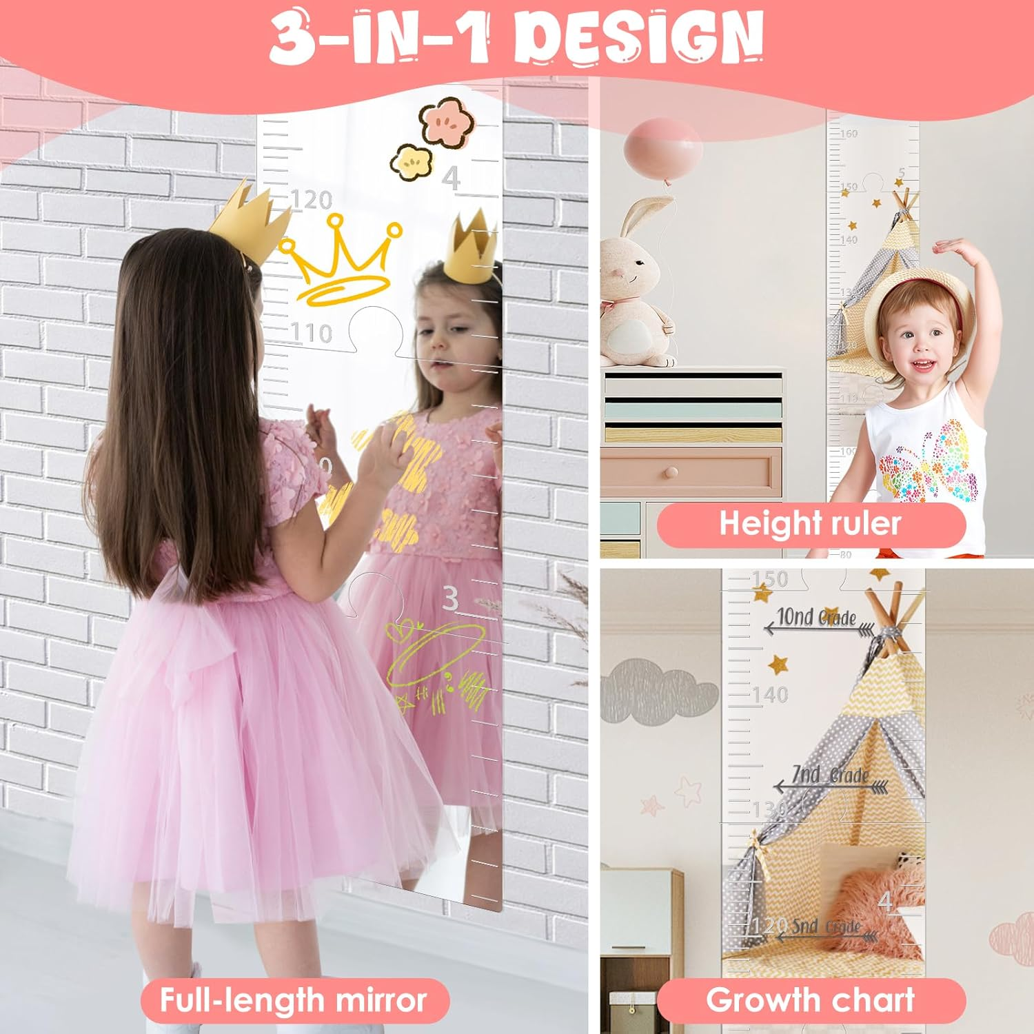 Fwqofvk 3 in 1 Acrylic Mirror Growth Chart for Kids, Decorative Wall Growth Chart Mirror, Puzzle Growth Chart Mirror, Height Measuring Puzzle Mirror for Home Nursery 25X29.5Cm
